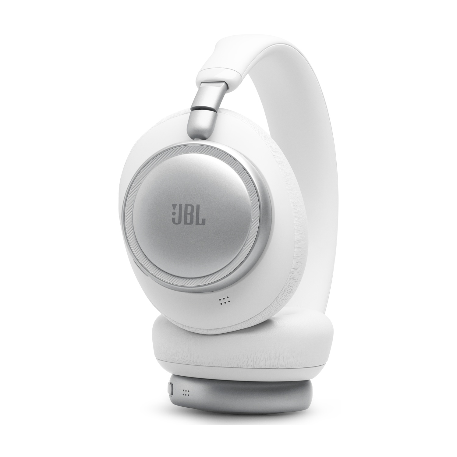 Cuffie JBL bianche con accenti argentati e fascia bianca su sfondo bianco.