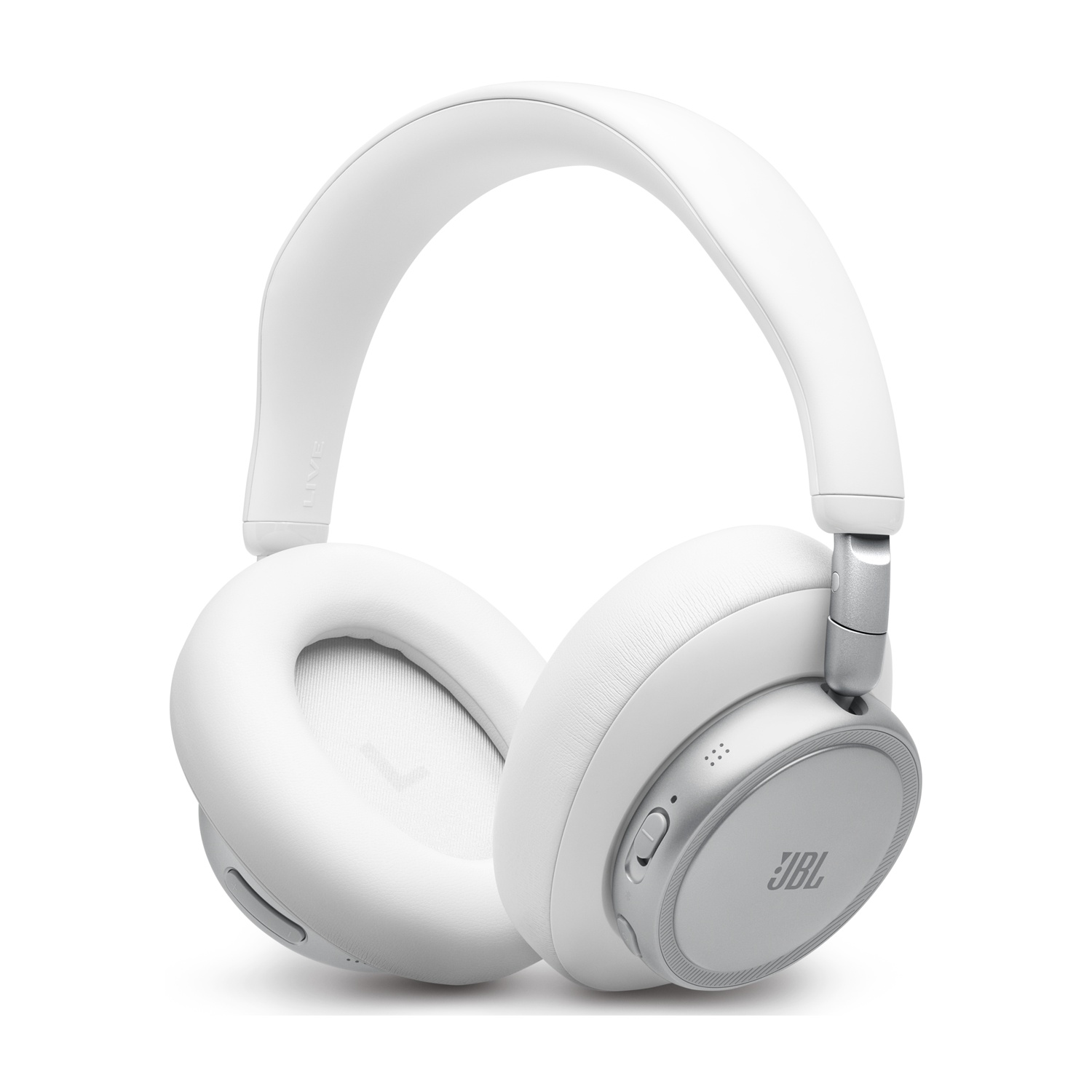 Cuffie bianche con accenti argentati e logo JBL su sfondo bianco.