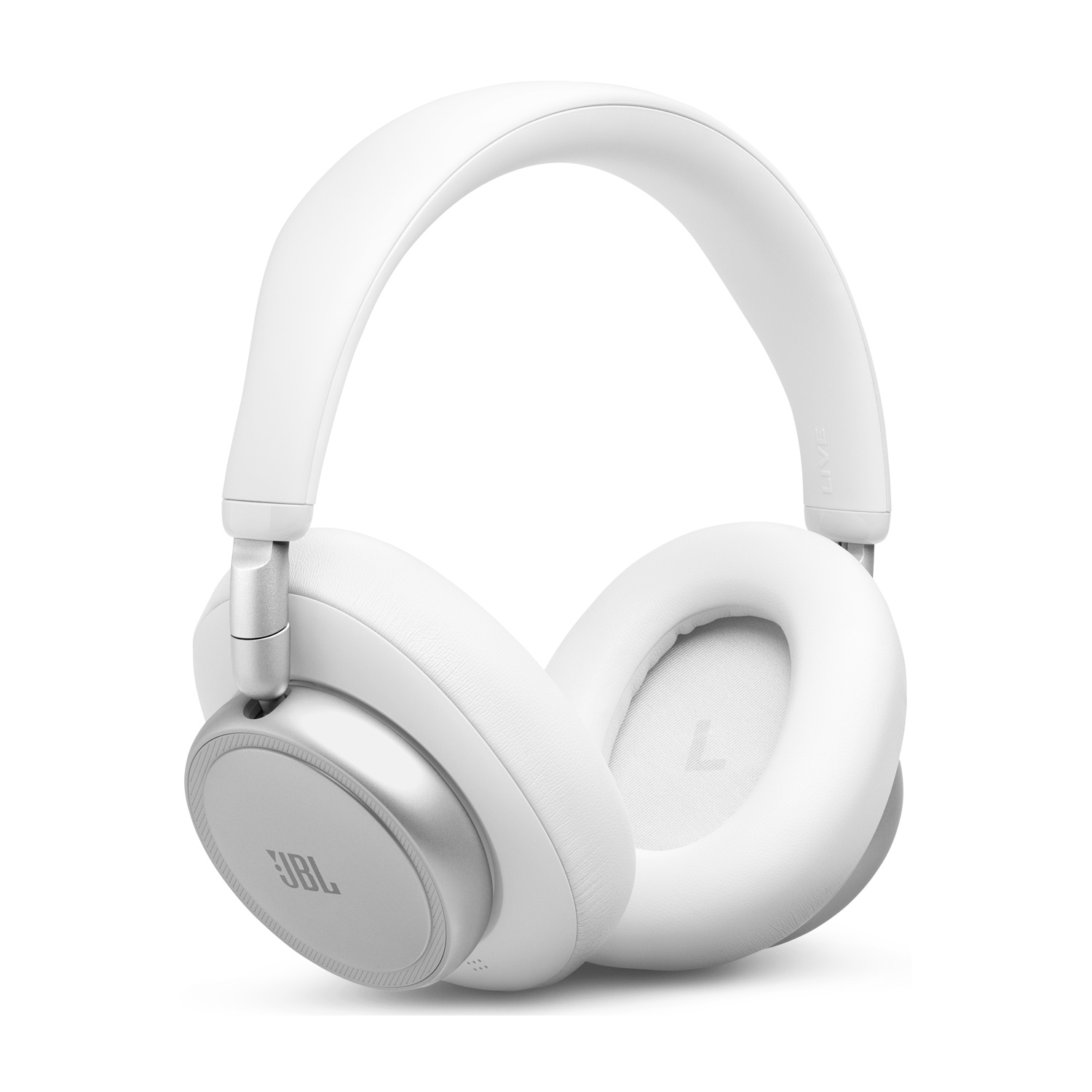 Cuffie JBL bianche con accenti argentati e padiglioni morbidi.