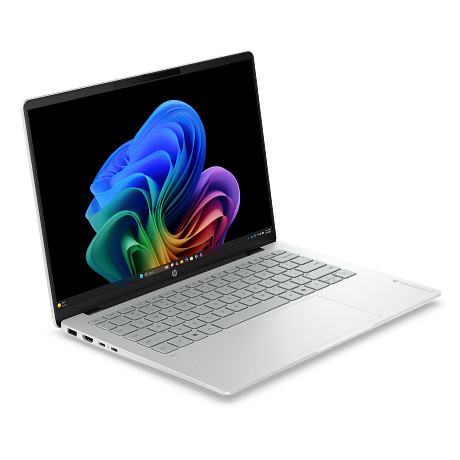 Ekranında renkli duvar kağıdı olan açık, gümüş rengi HP dizüstü bilgisayar.