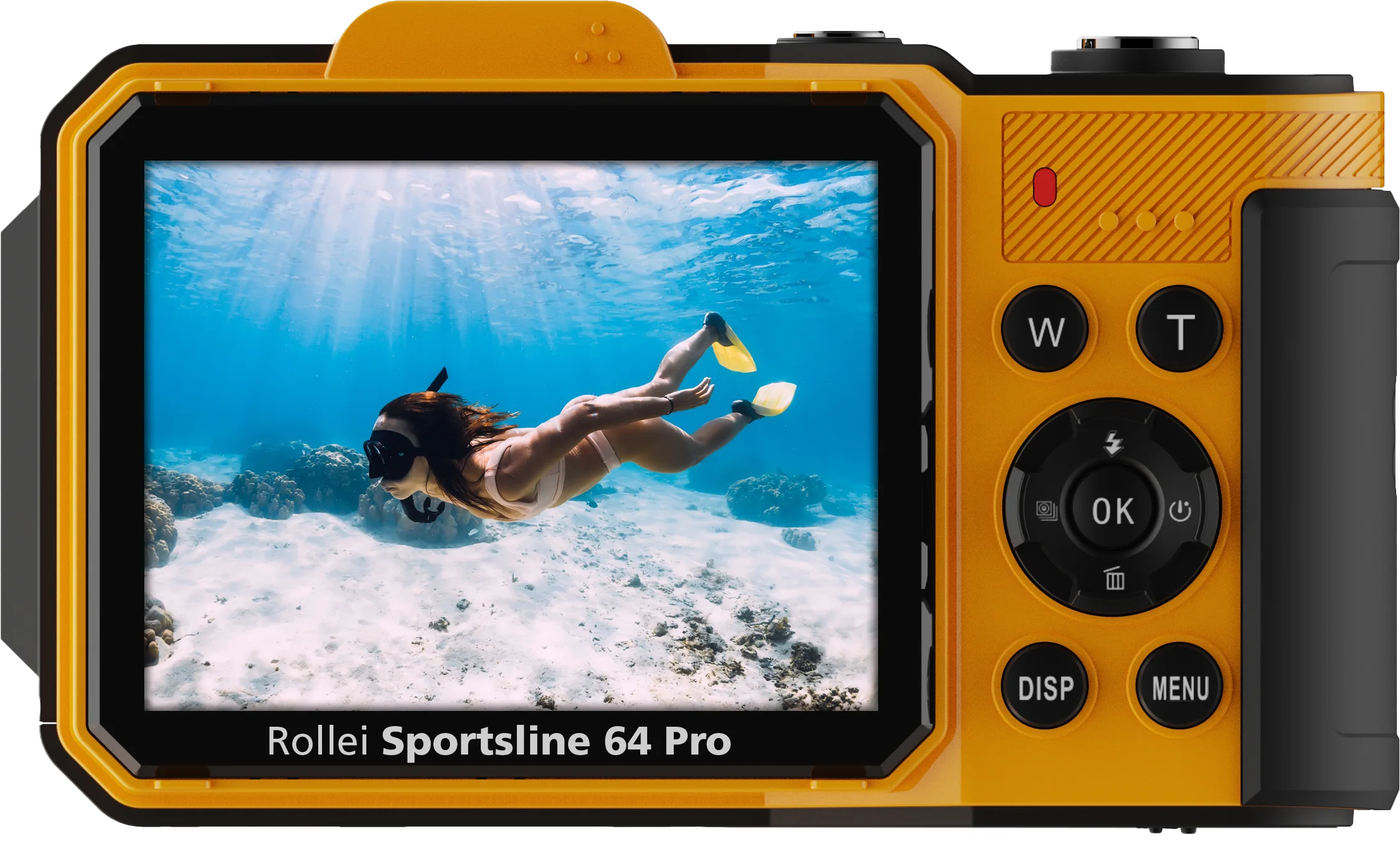Appareil photo jaune montre une femme faisant de la plongée sous-marine.