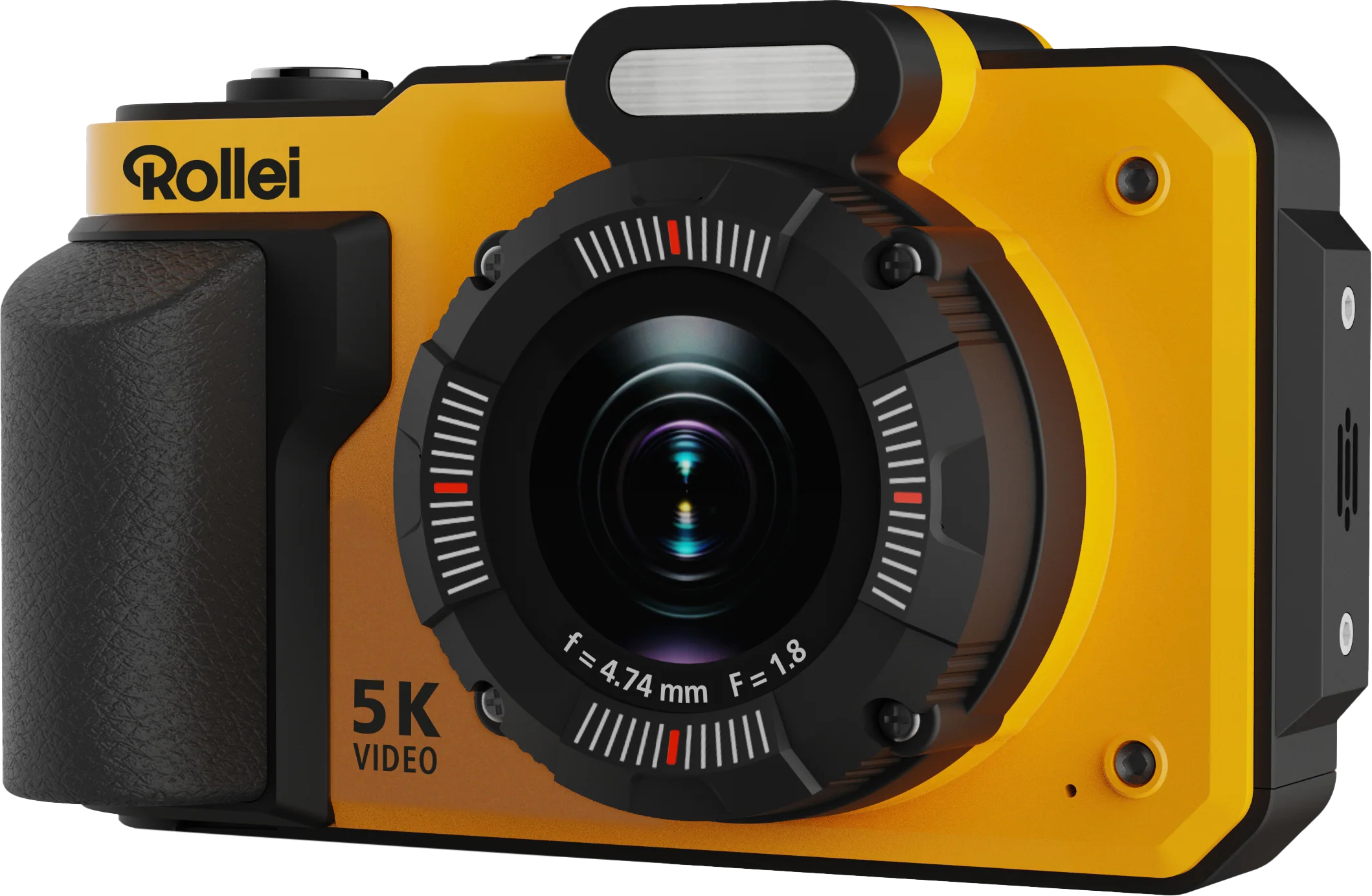 Une caméra vidéo Rollei 5K jaune et noire avec bague de mise au point et objectif.
