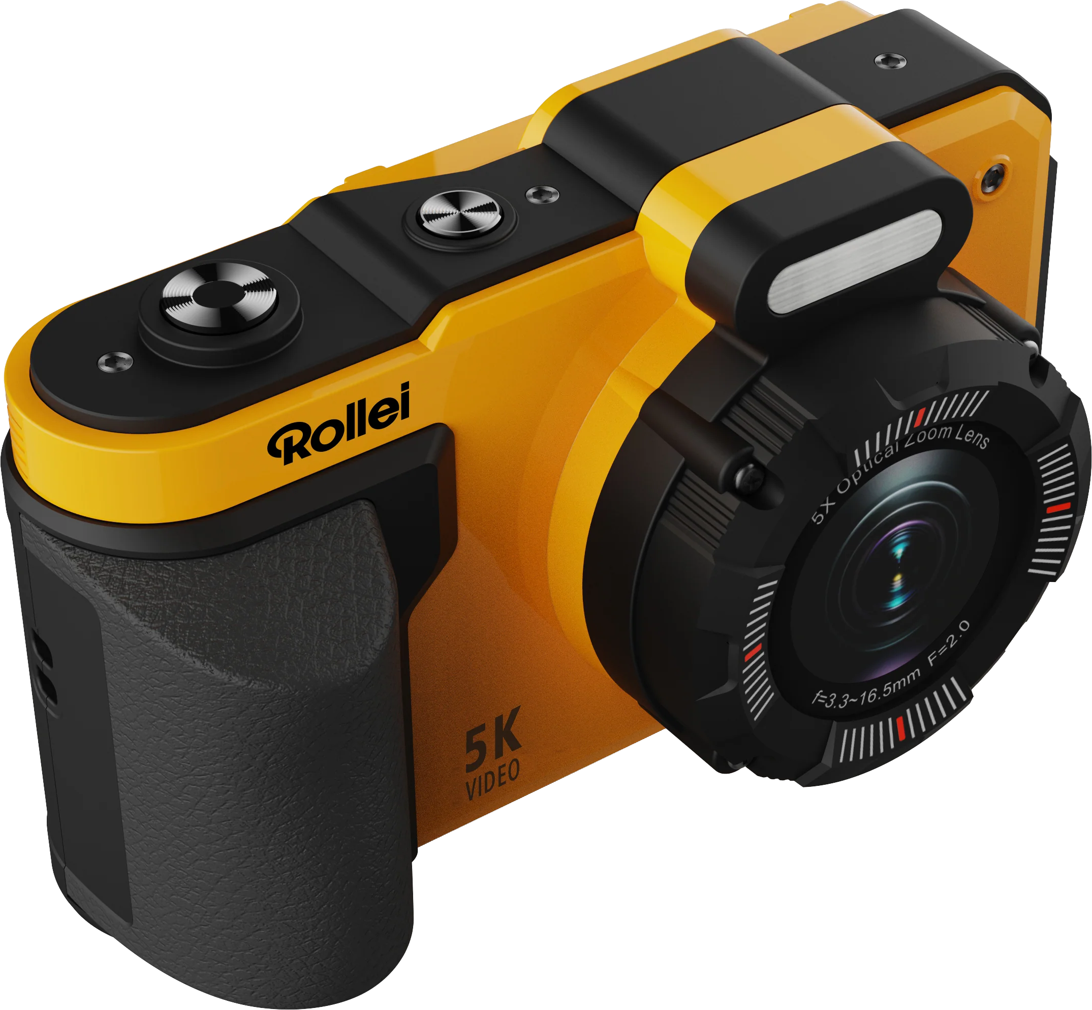 Un appareil photo jaune et noir avec objectif à zoom optique 5X et marquage vidéo 5K.