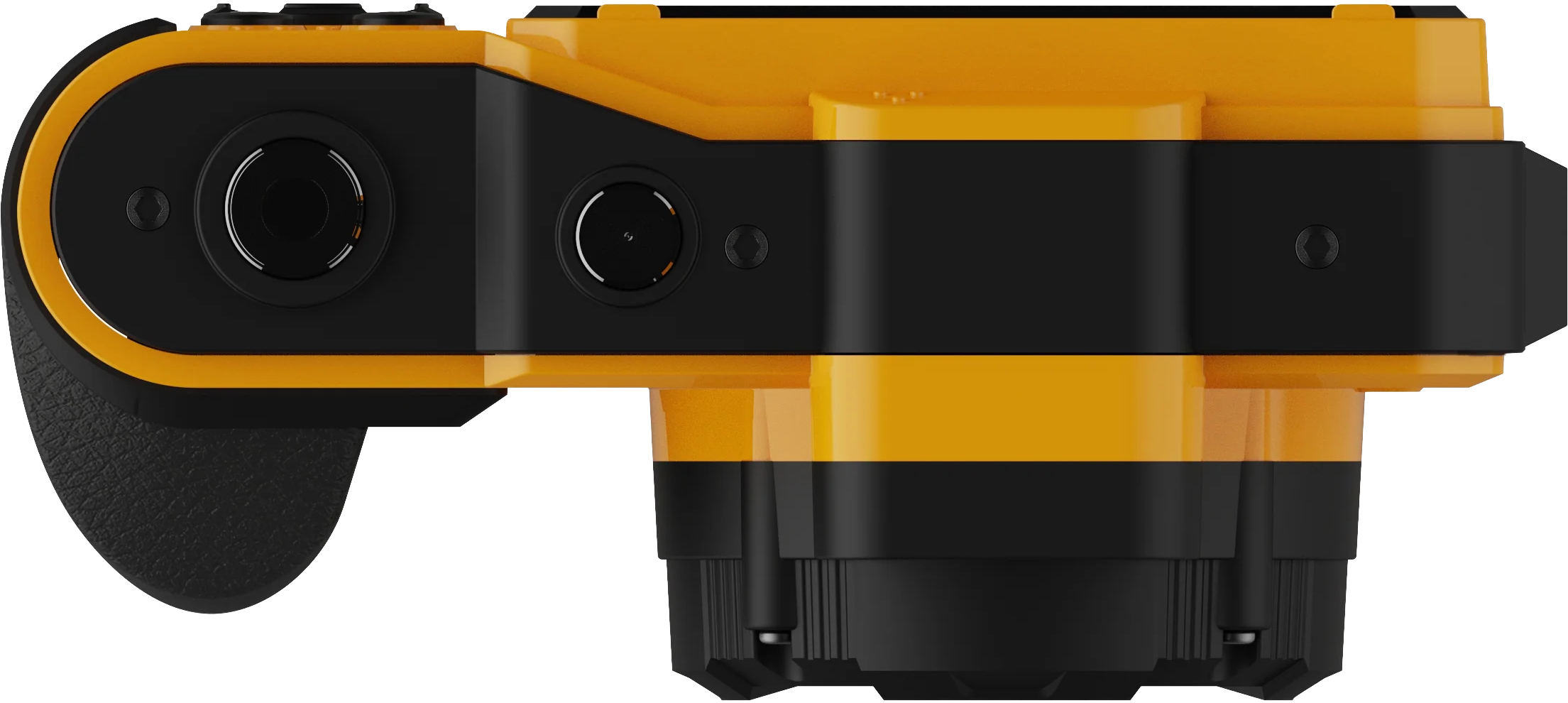 Outil orange et noir avec vis et lentilles.
