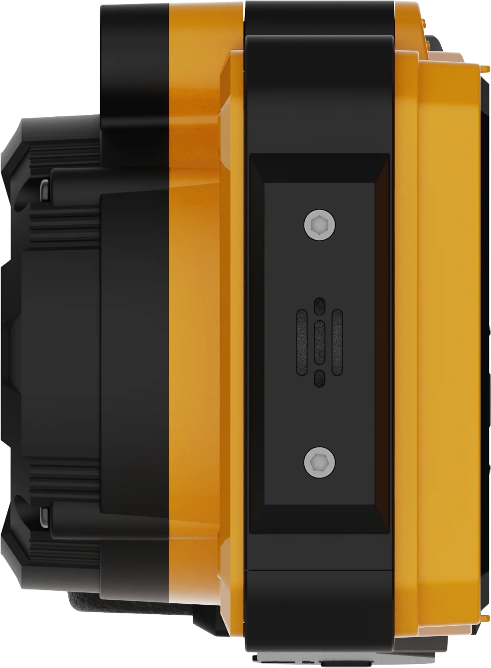 Un appareil électronique noir et orange avec des vis et des fentes.
