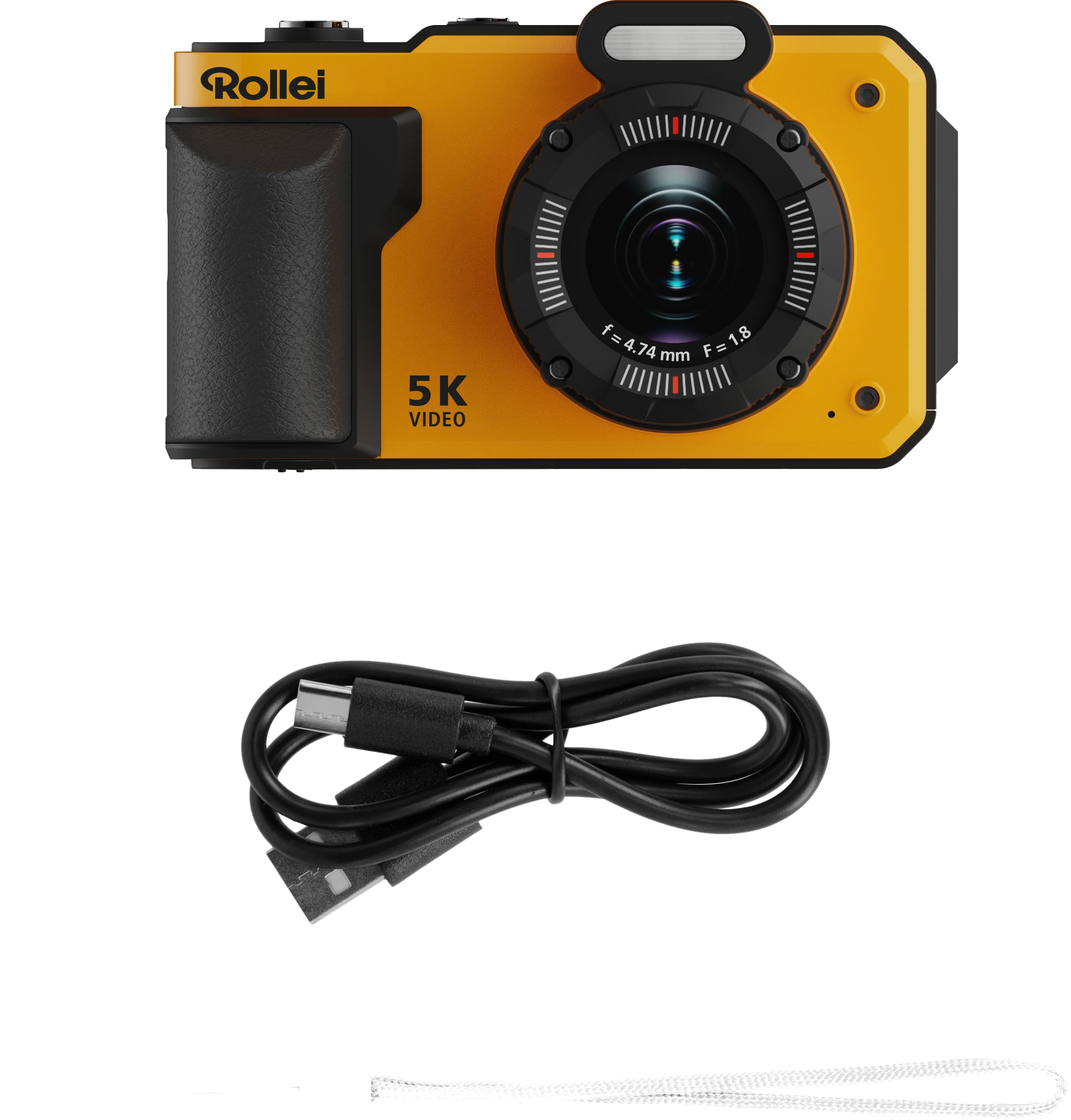 Appareil photo Rollei jaune avec poignée noire, câble USB et dragonne.