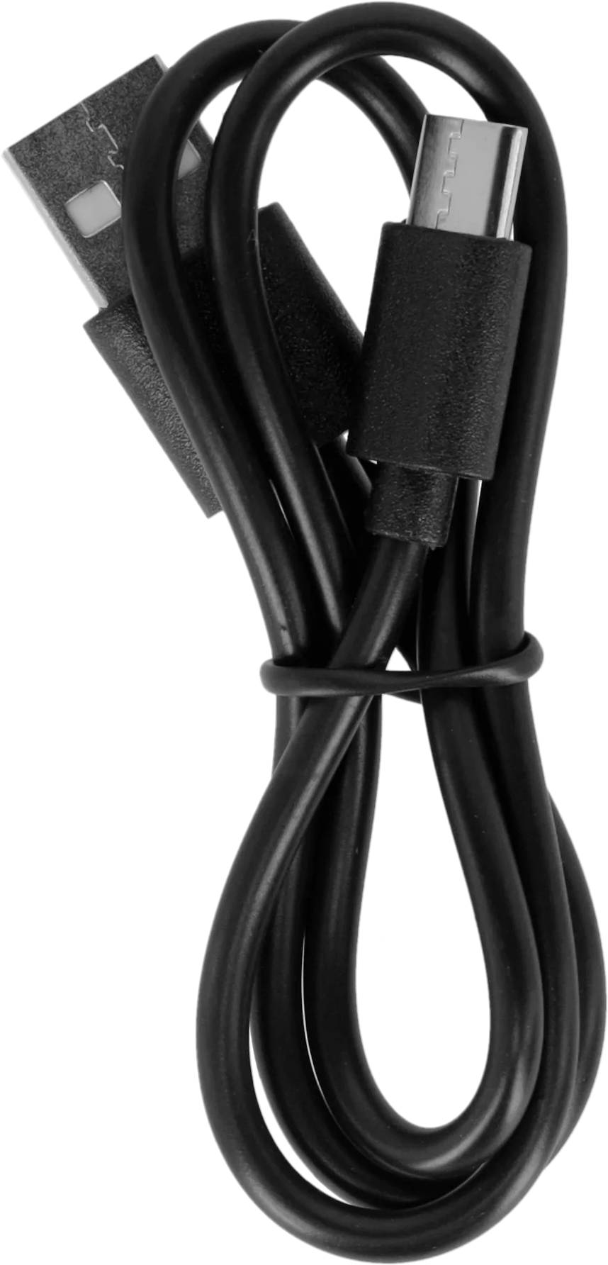 Un câble USB noir avec connecteurs USB-A et USB-C, enroulé.