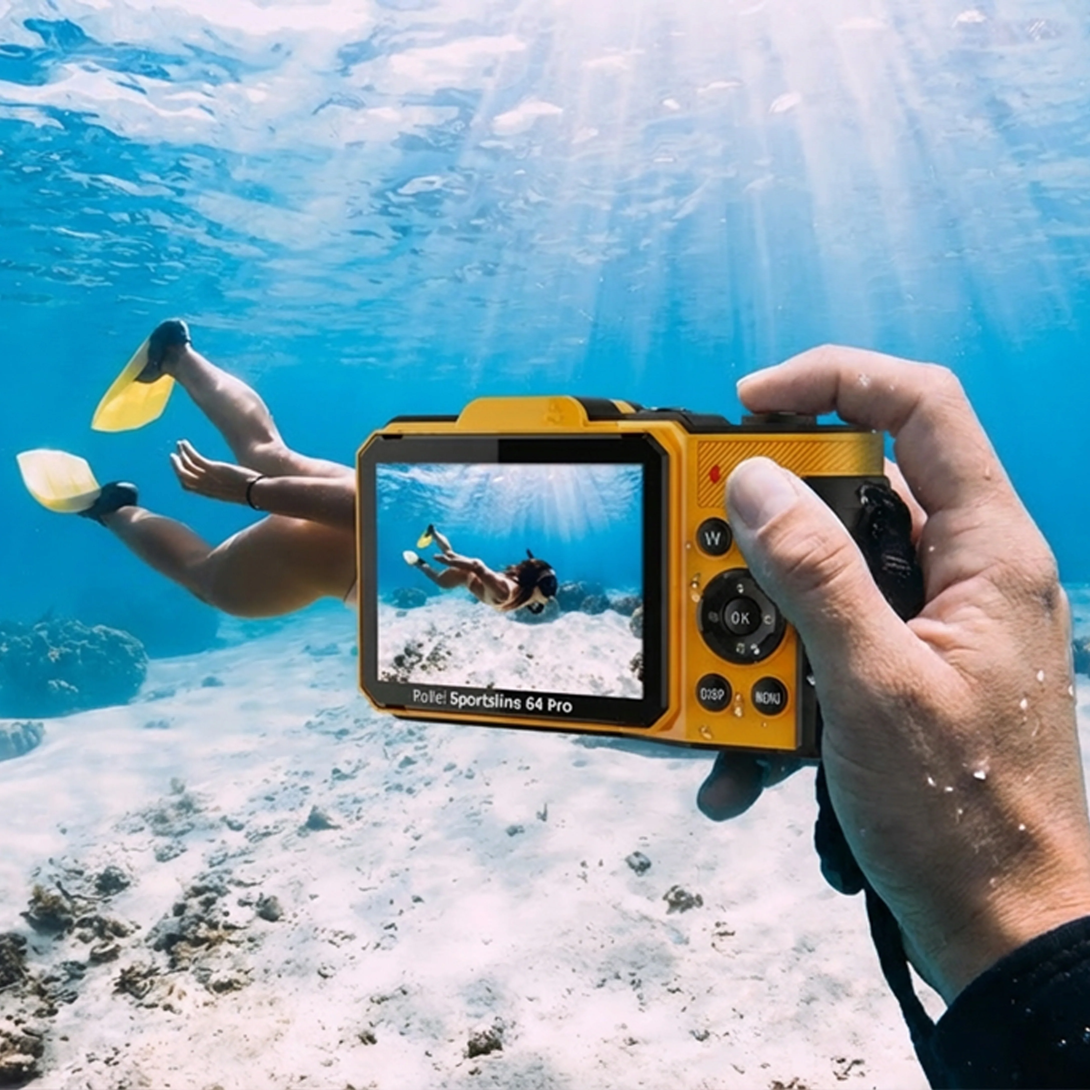 Une caméra sous-marine jaune filme un nageur.