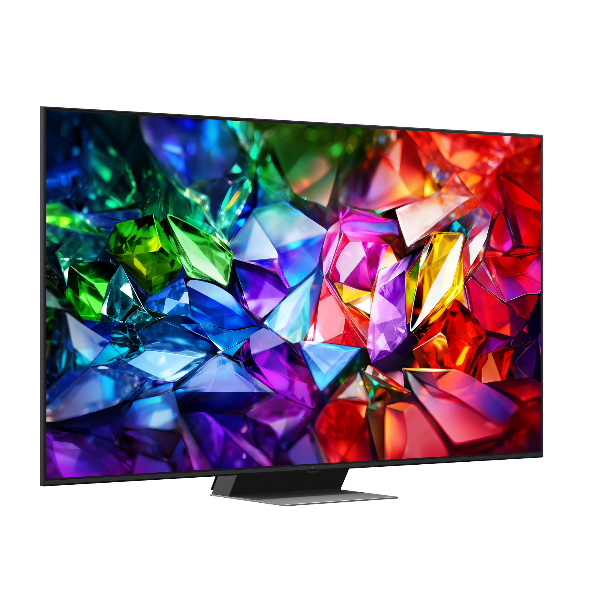 Un televisor moderno de pantalla plana y delgada muestra una imagen abstracta y vibrante de formas geométricas coloridas.