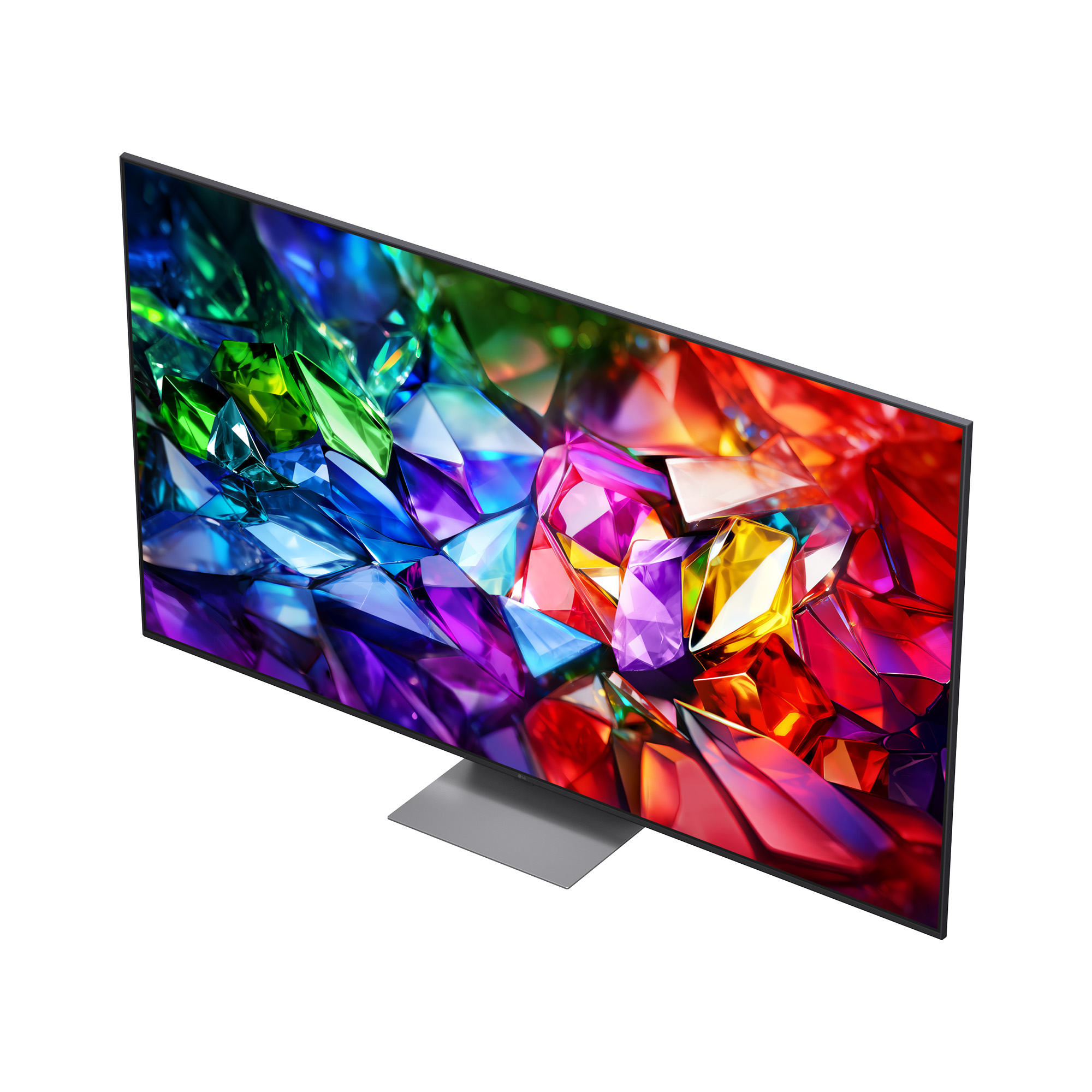 Un televisor moderno de pantalla plana que muestra una imagen de fondo abstracta y colorida.