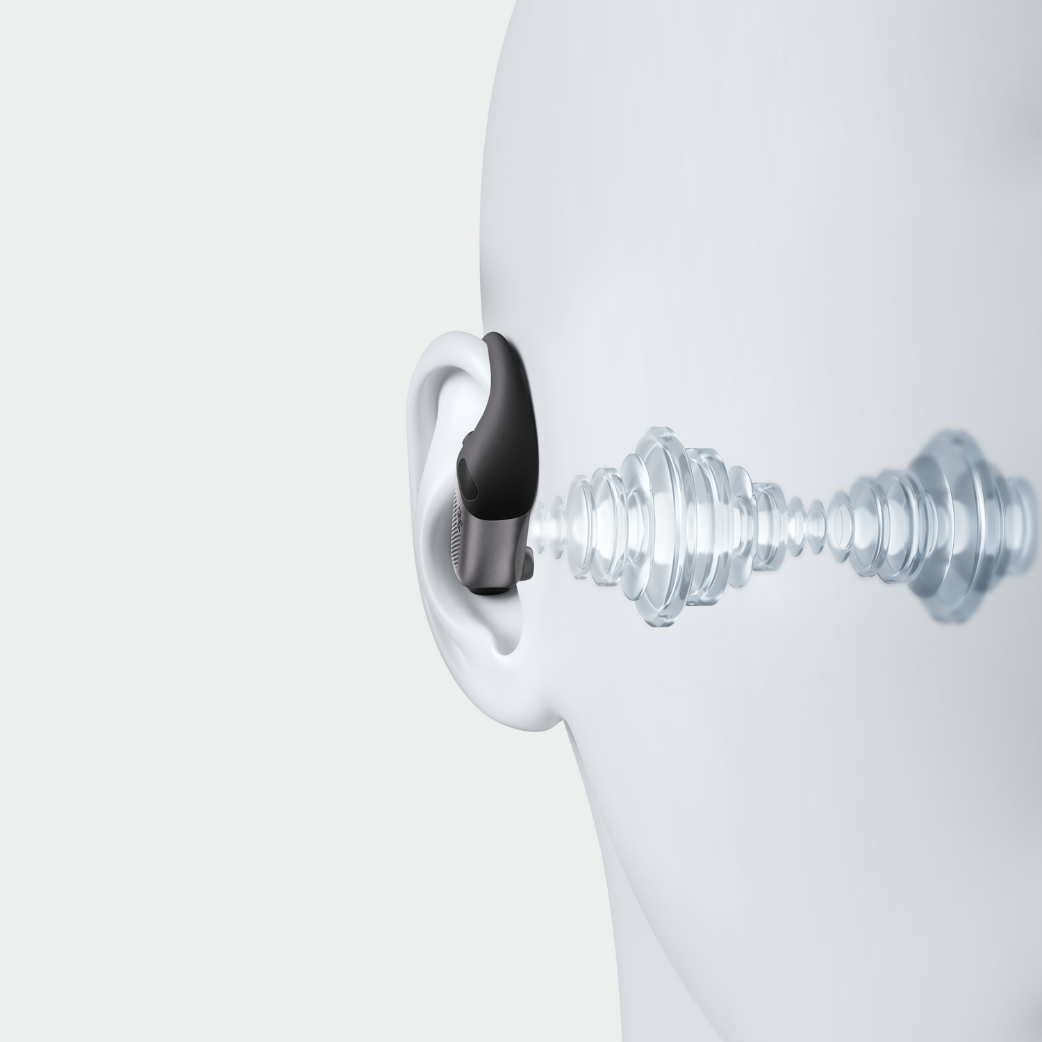 Un audífono negro se coloca en la oreja derecha de una silueta de cabeza blanca. Ondas sonoras emanan de él.