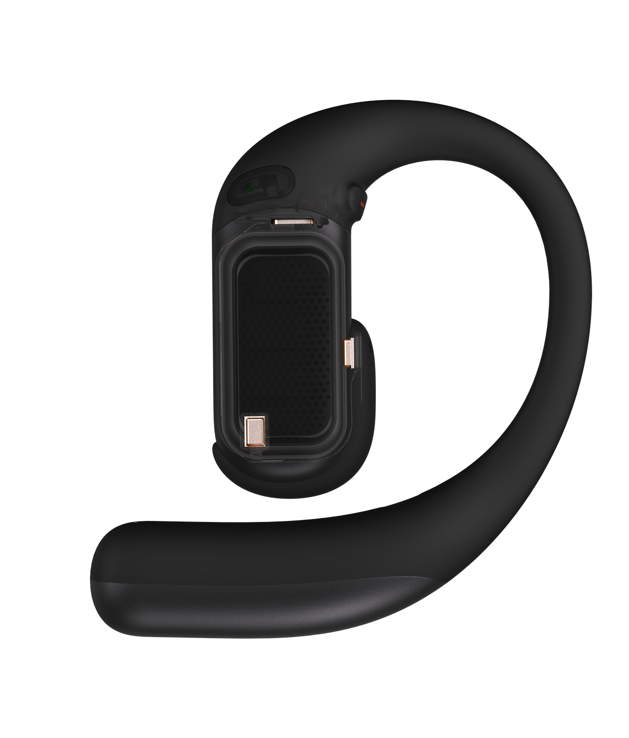 Auricular negro con gancho para la oreja visible y contactos de carga.
