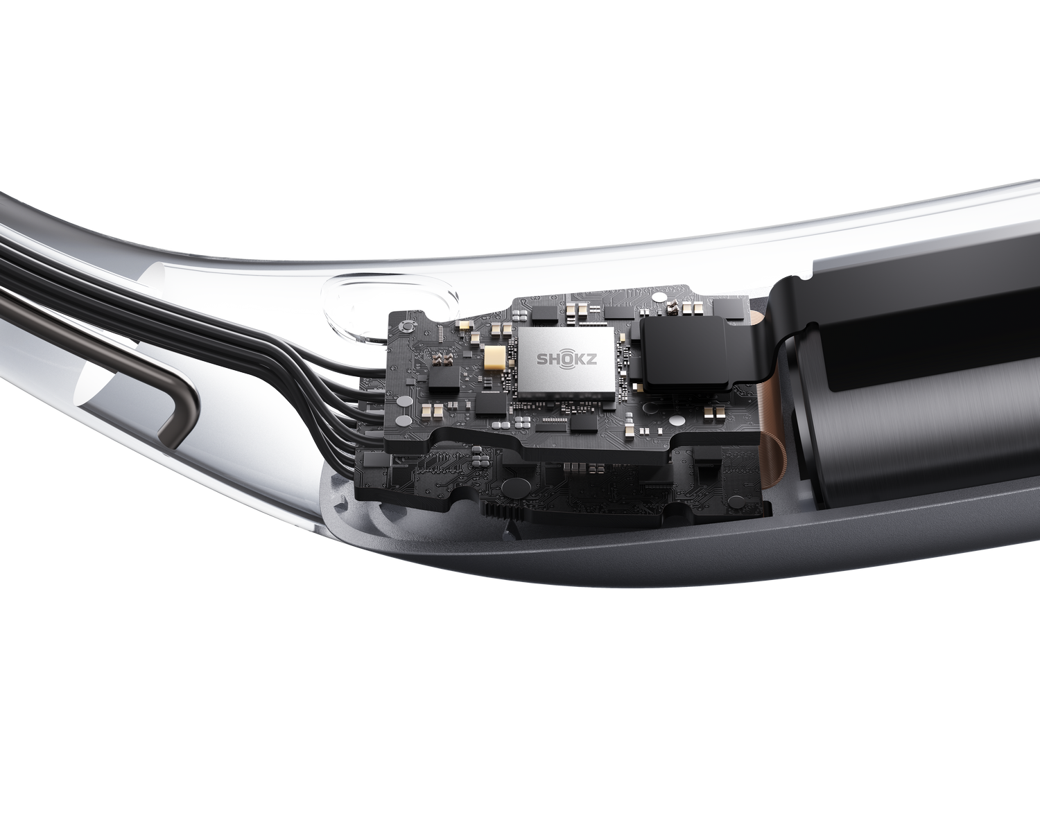Primer plano de un chip SHOKZ y circuitería dentro de un dispositivo elegante y oscuro.