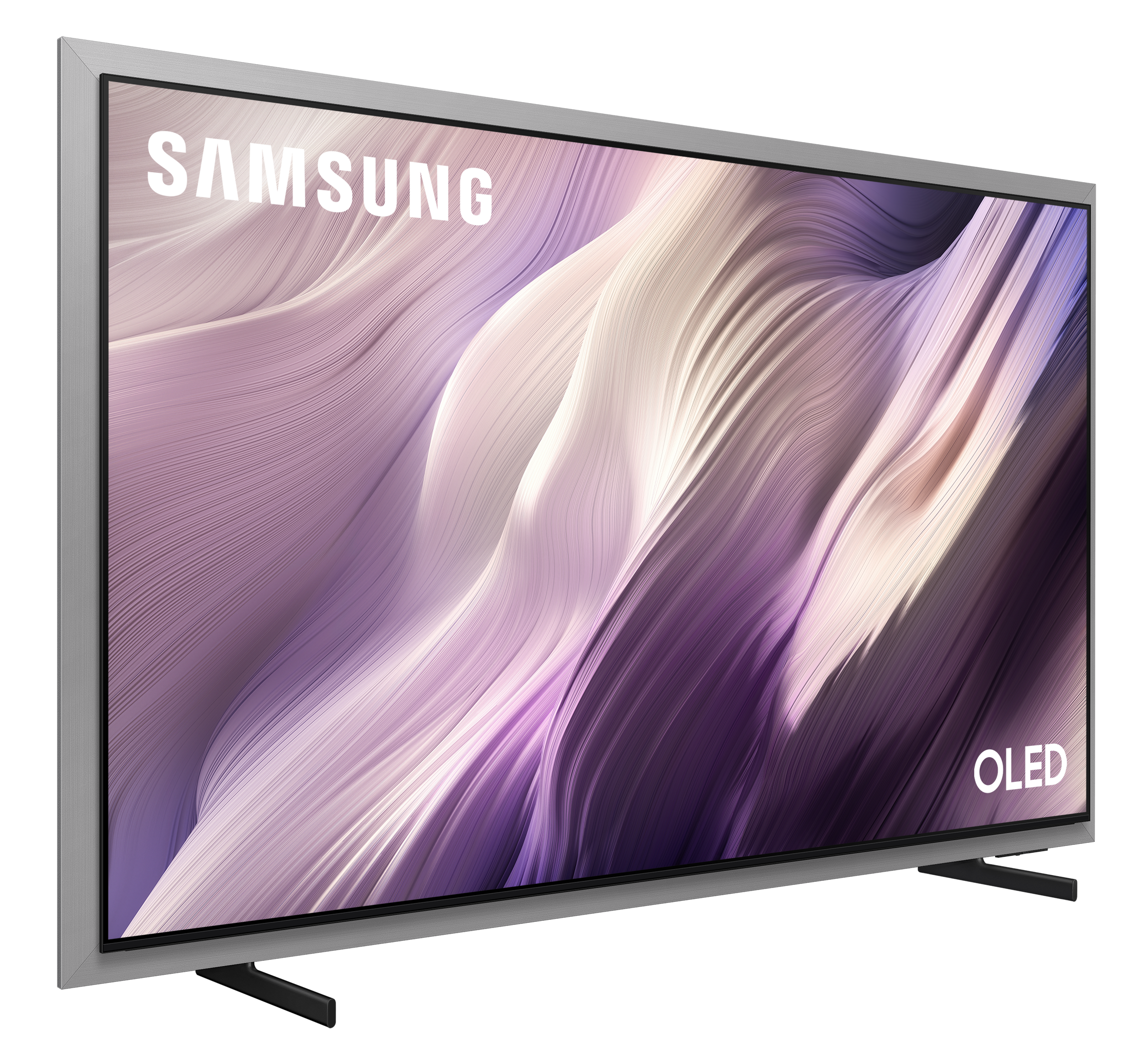 Telewizor Samsung OLED z srebrną ramką i falistym ekranem.