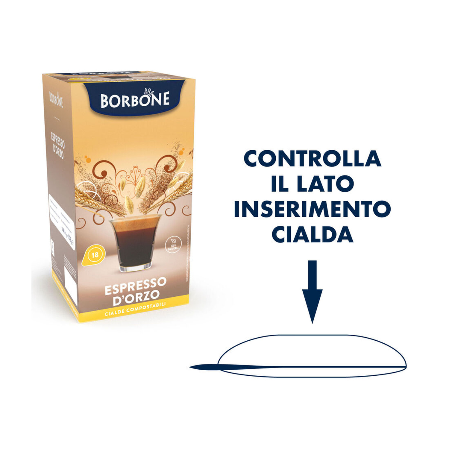Confezione Borbone Espresso d'Orzo con caffè e istruzioni inserimento cialda.