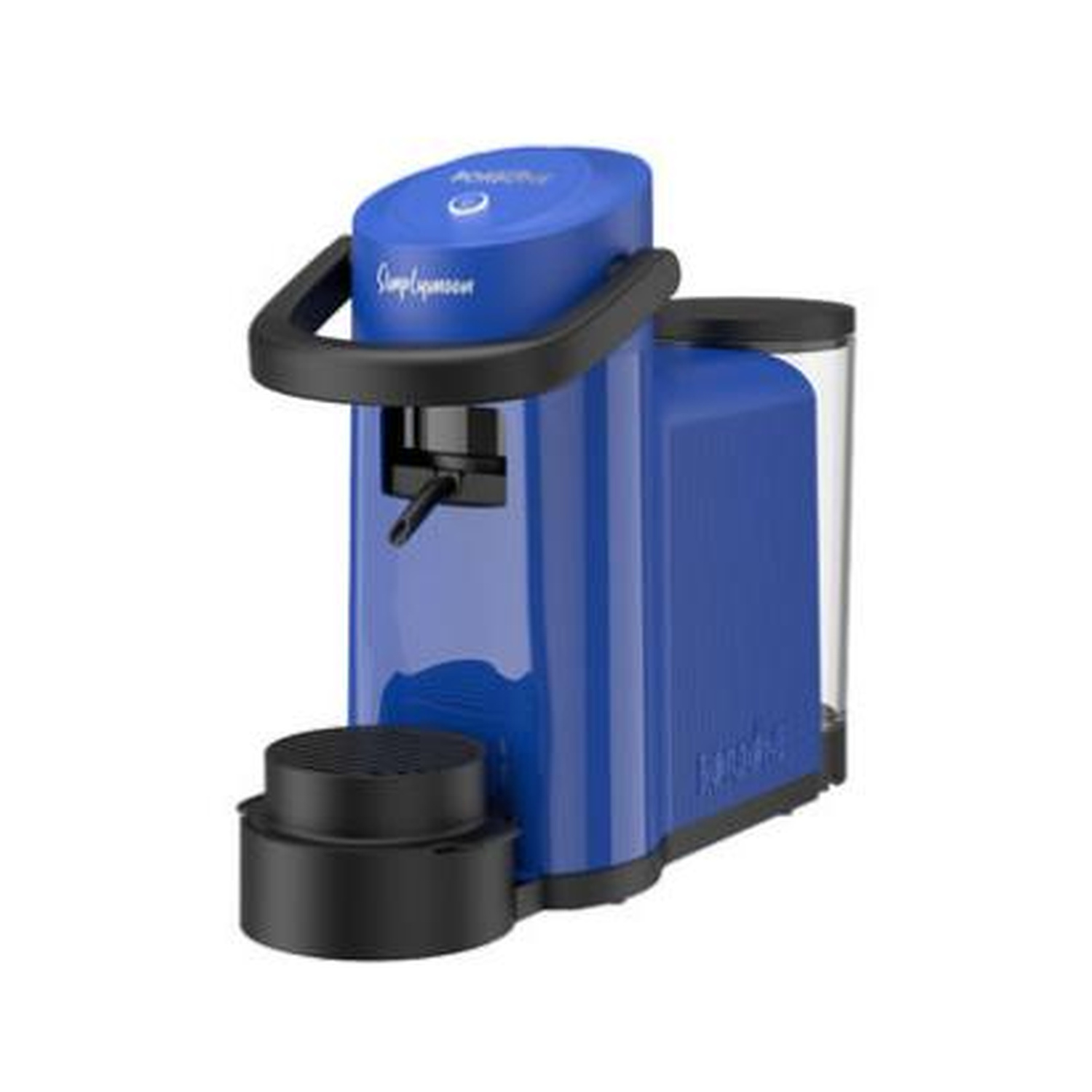 Una macchina da caffè blu con manico e serbatoio dell'acqua neri.
