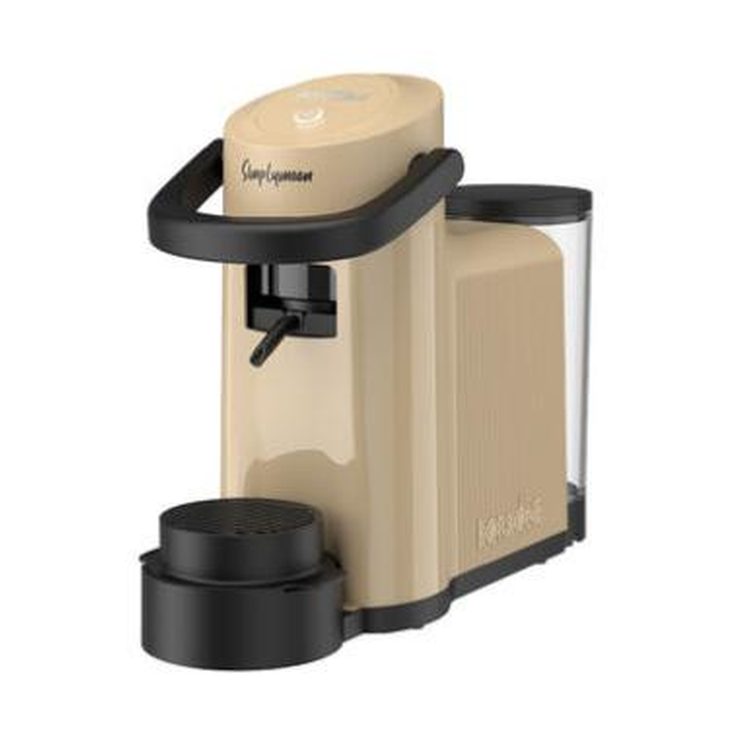 Una macchina da caffè beige con manico e serbatoio neri.