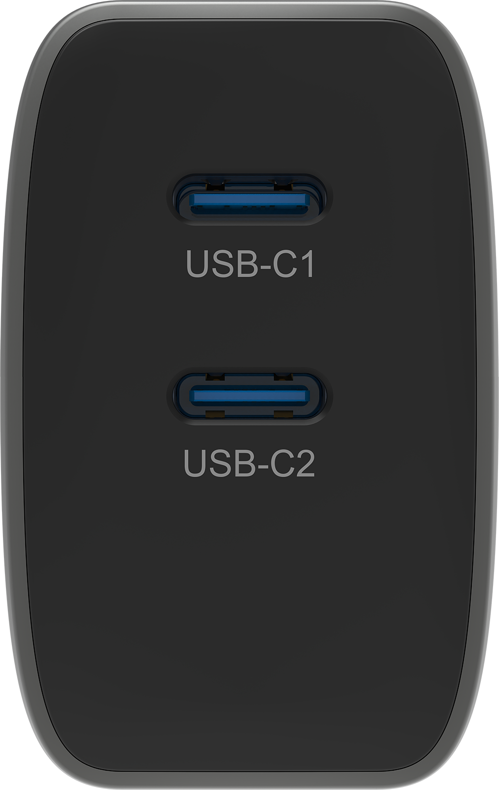 Ein schwarzes Netzteil mit zwei USB-C-Anschlüssen, oben und unten beschriftet.