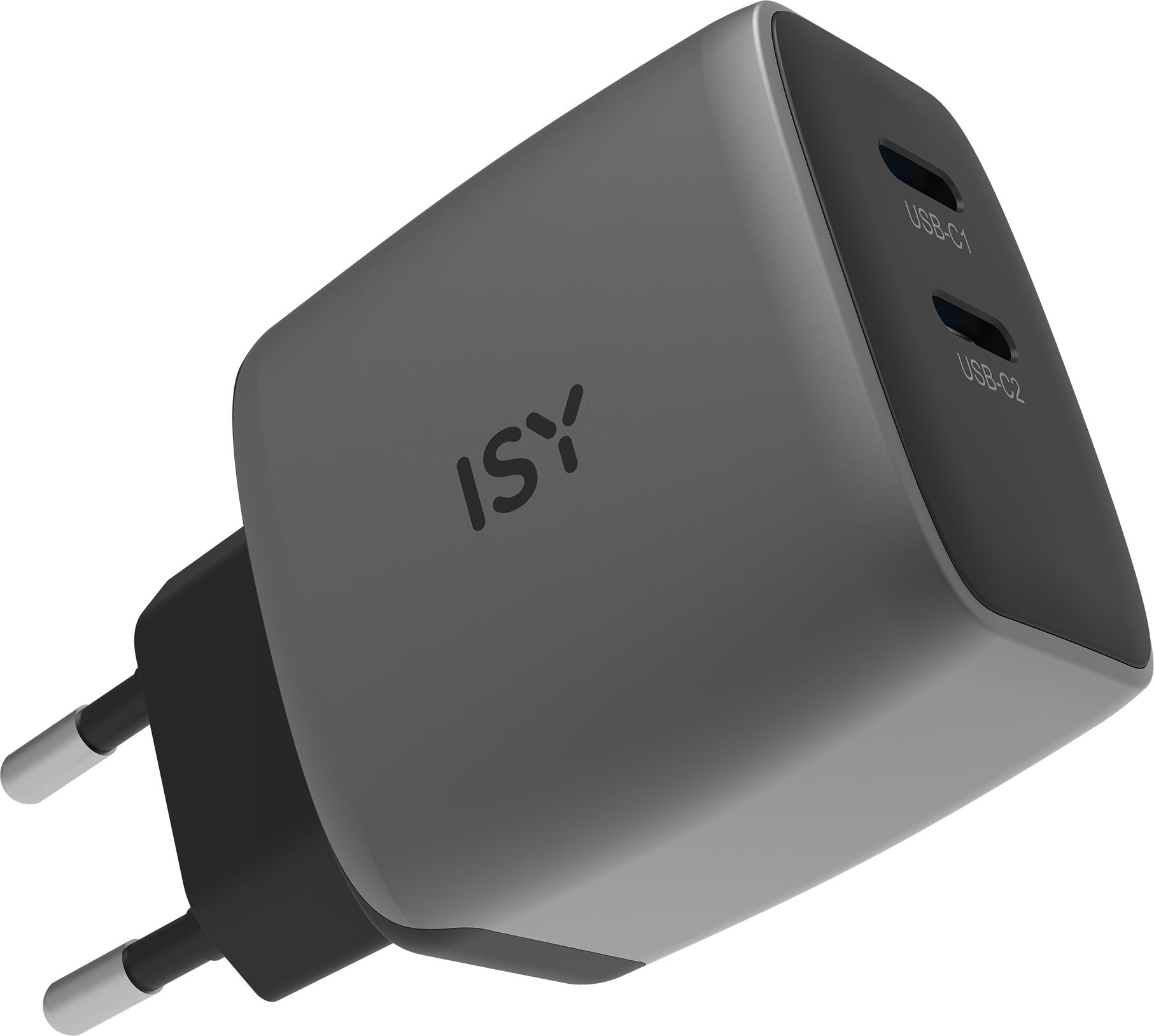 Grauer Reiseadapter mit zwei USB-C-Anschlüssen und zwei Pins.