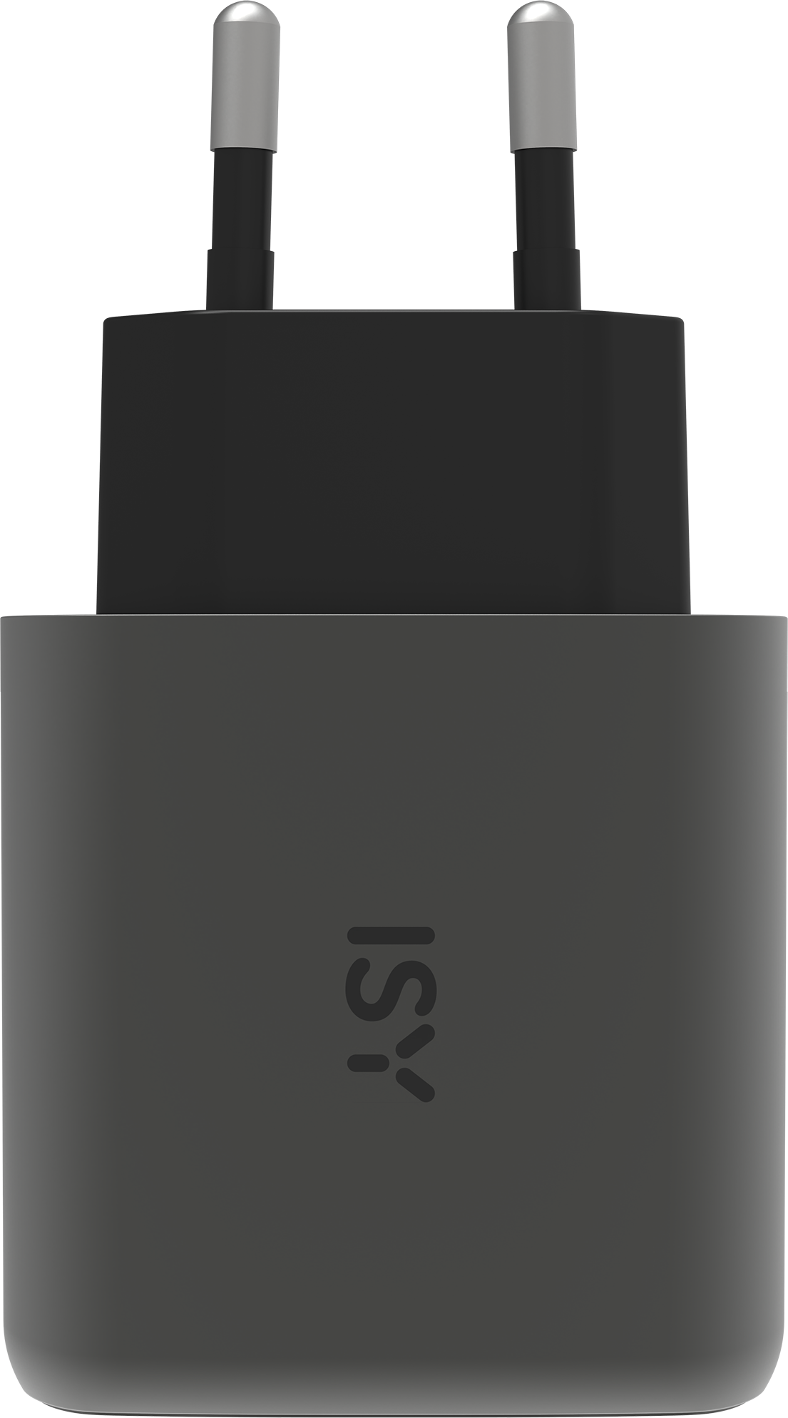 Ein dunkelgraues ISY USB-Ladegerät mit zwei silbernen Stiften.