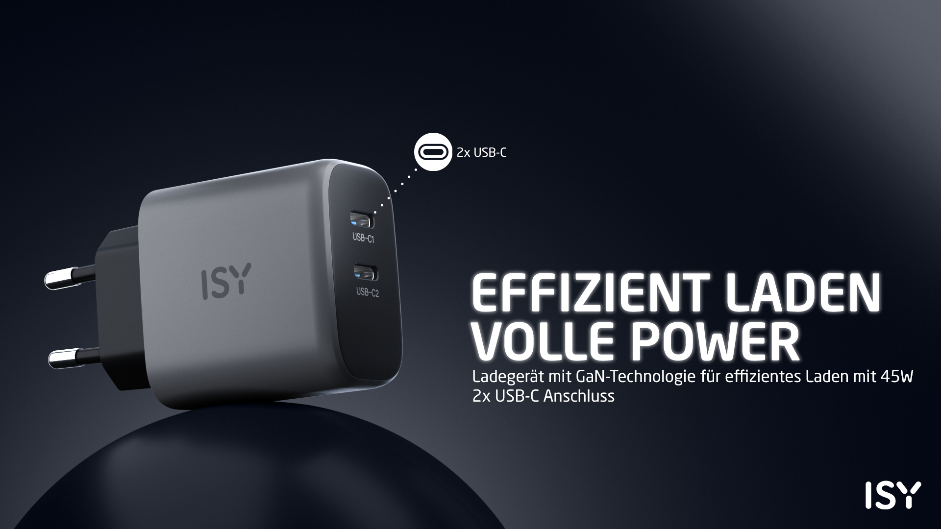 Grauer ISY Netzstecker mit zwei USB-C Anschlüssen und Text.
