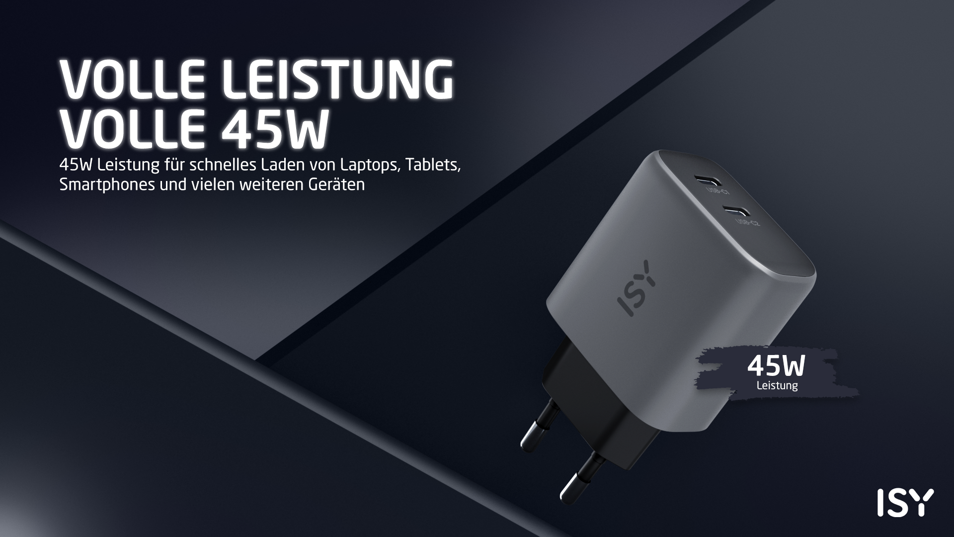 Grauer ISY 45W USB-C Ladestecker mit zwei Anschlüssen. Volle Leistung.