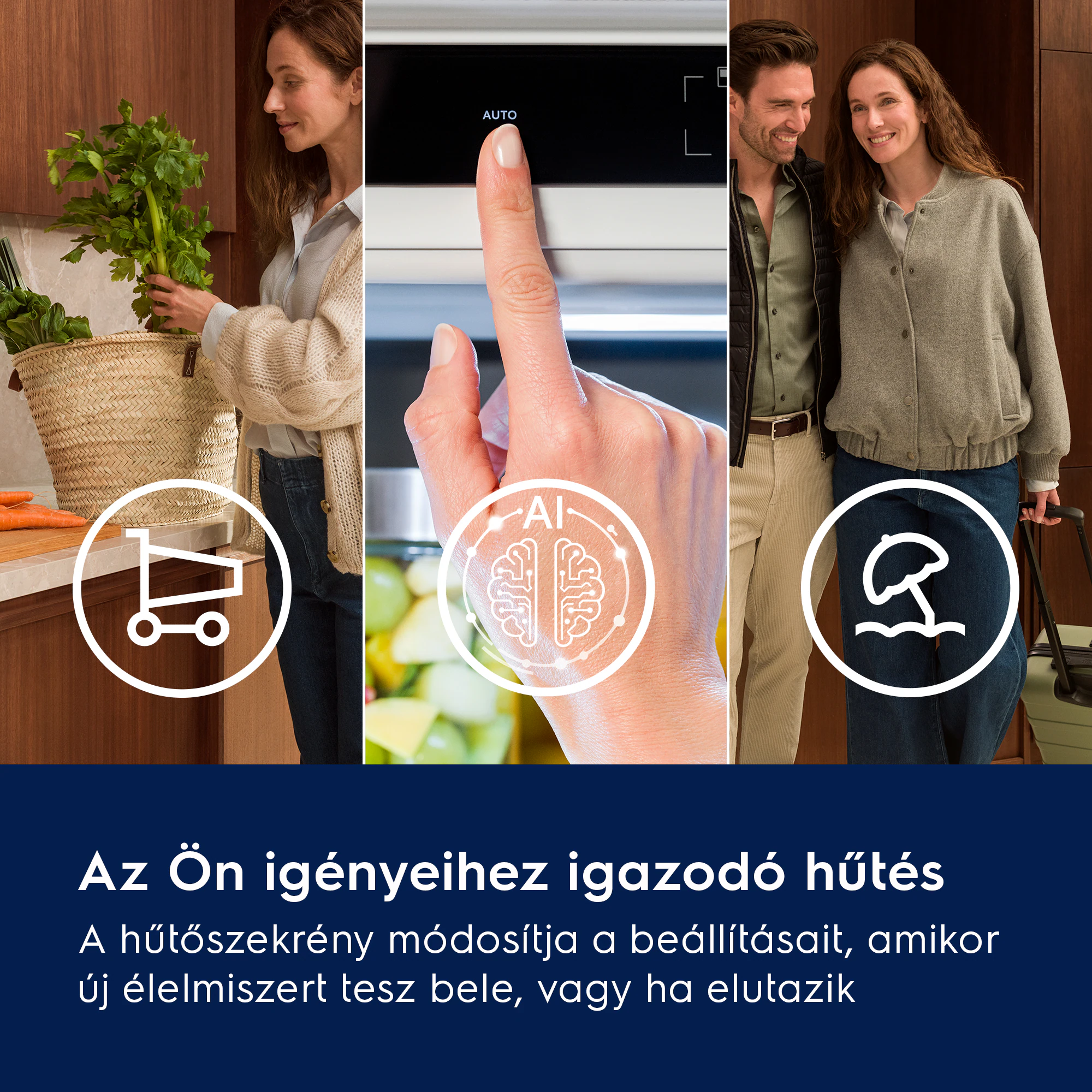 Nő élelmiszerekkel, ujj nyomja AUTO, pár mosolyog, AI ikon, strand ikon.