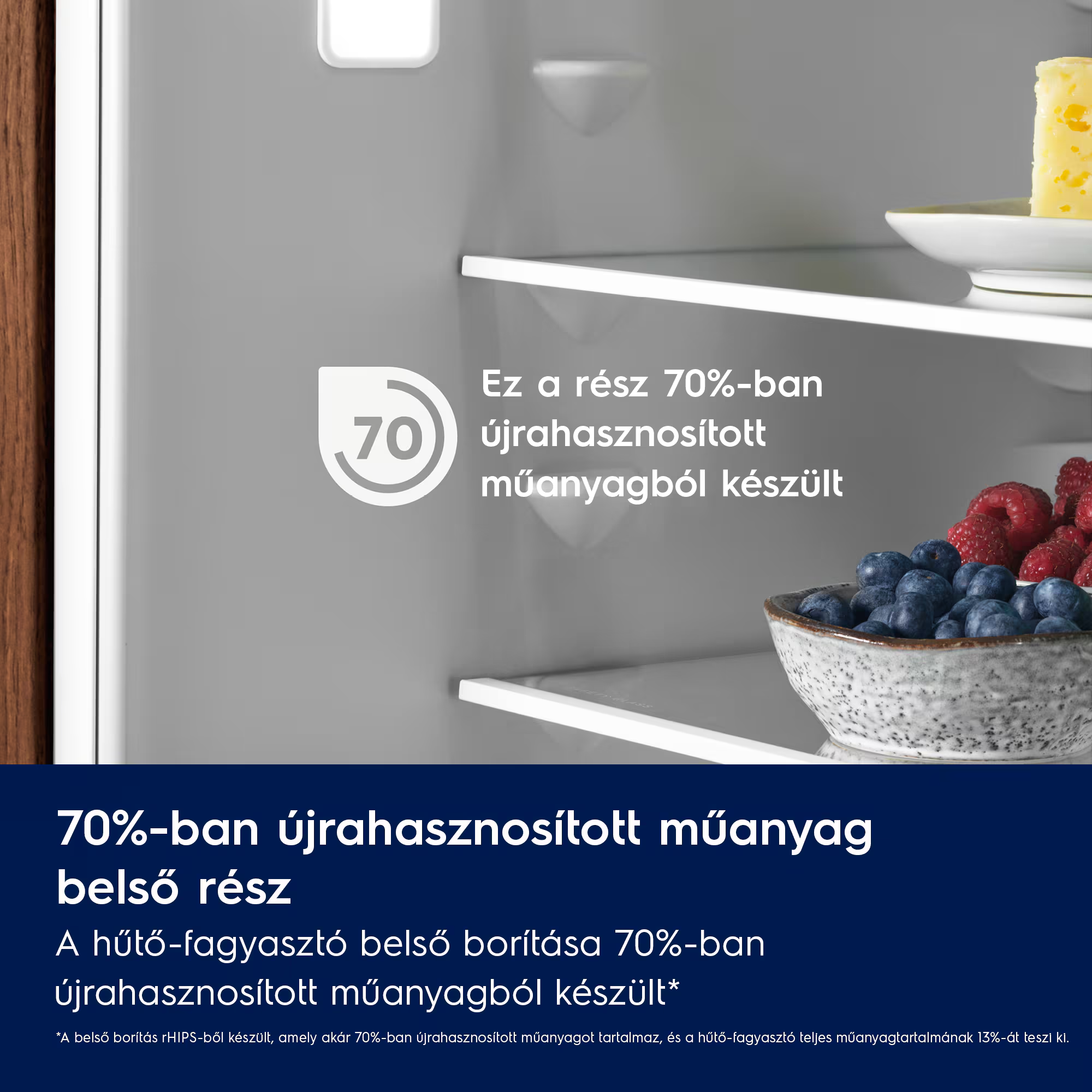 Hűtő belseje bogyós gyümölcsökkel és sajttal. 70% újrahasznosított.