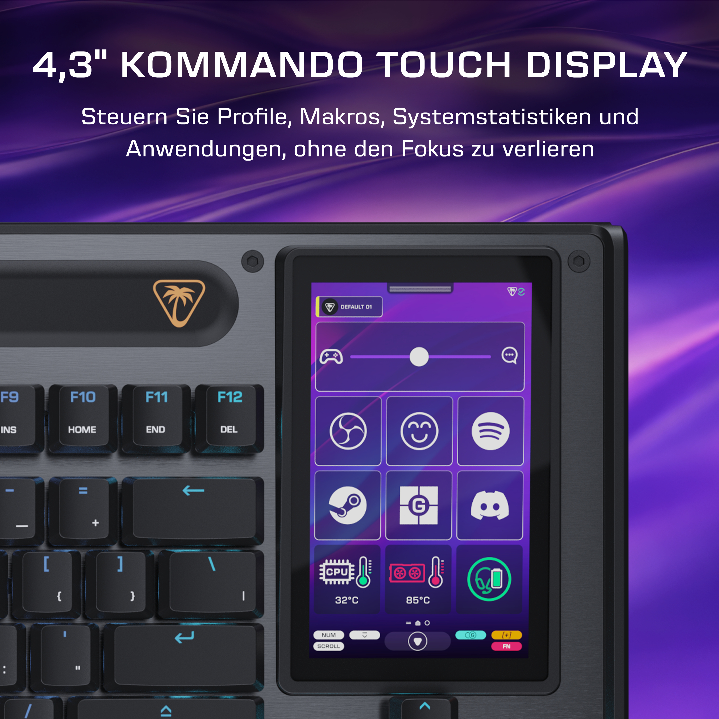 Ein schwarzes Keyboard mit einem 4,3-Zoll Touchscreen, der App-Icons zeigt.