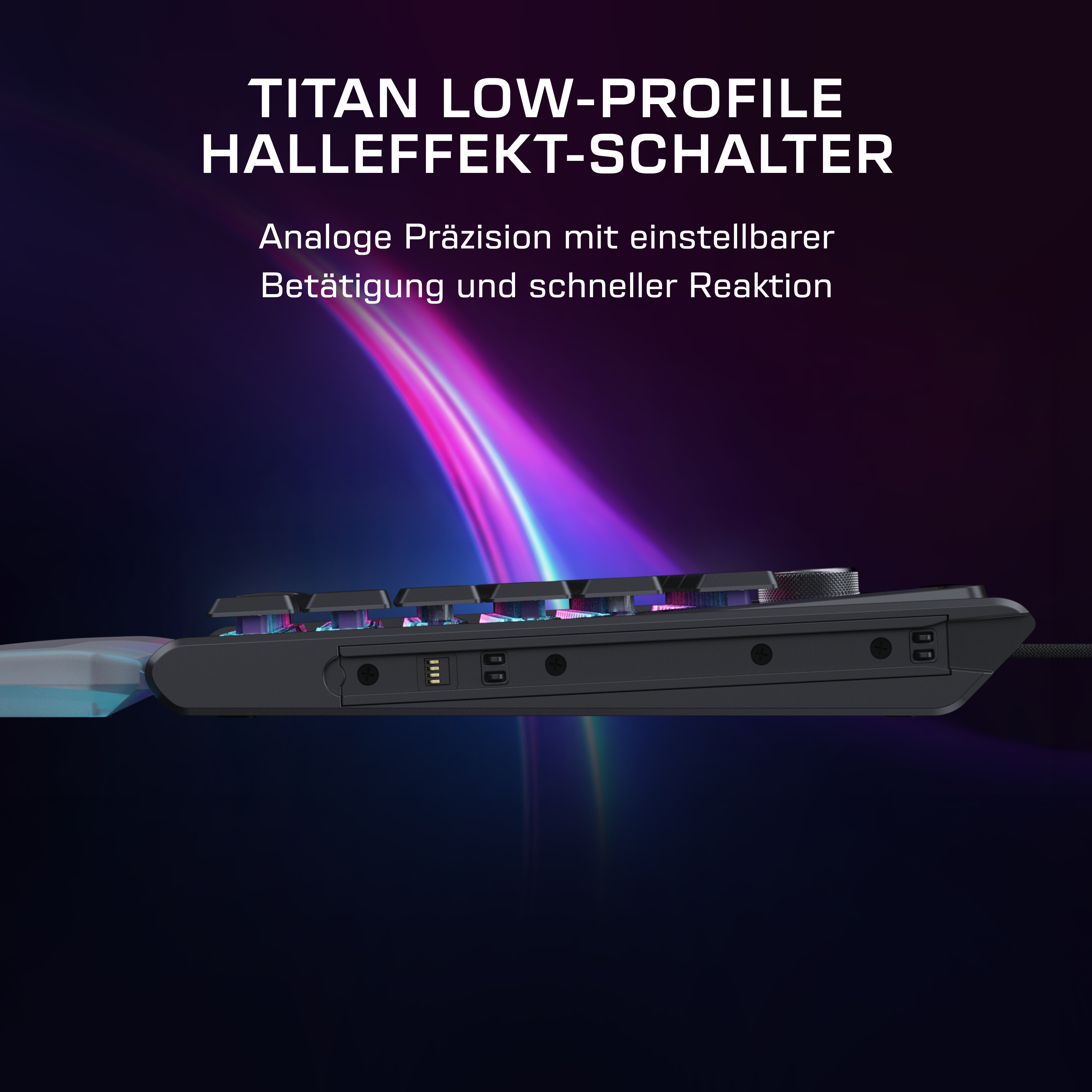 Eine Tastaturseite mit RGB-Beleuchtung und Text über Titan Low-Profile-Schalter.