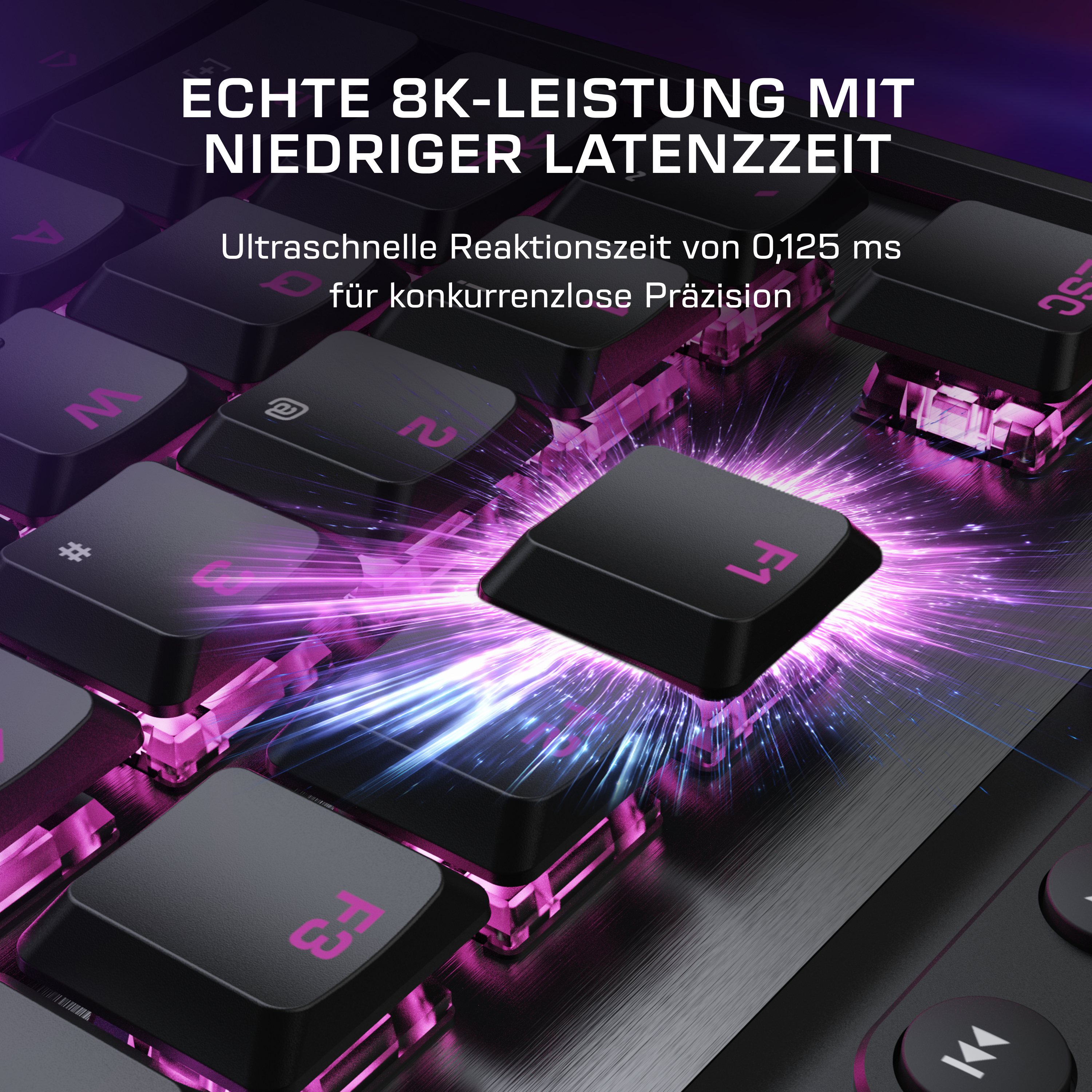 Schwarze Tastatur mit pinker Beleuchtung und Text. Fokus auf Gaming.