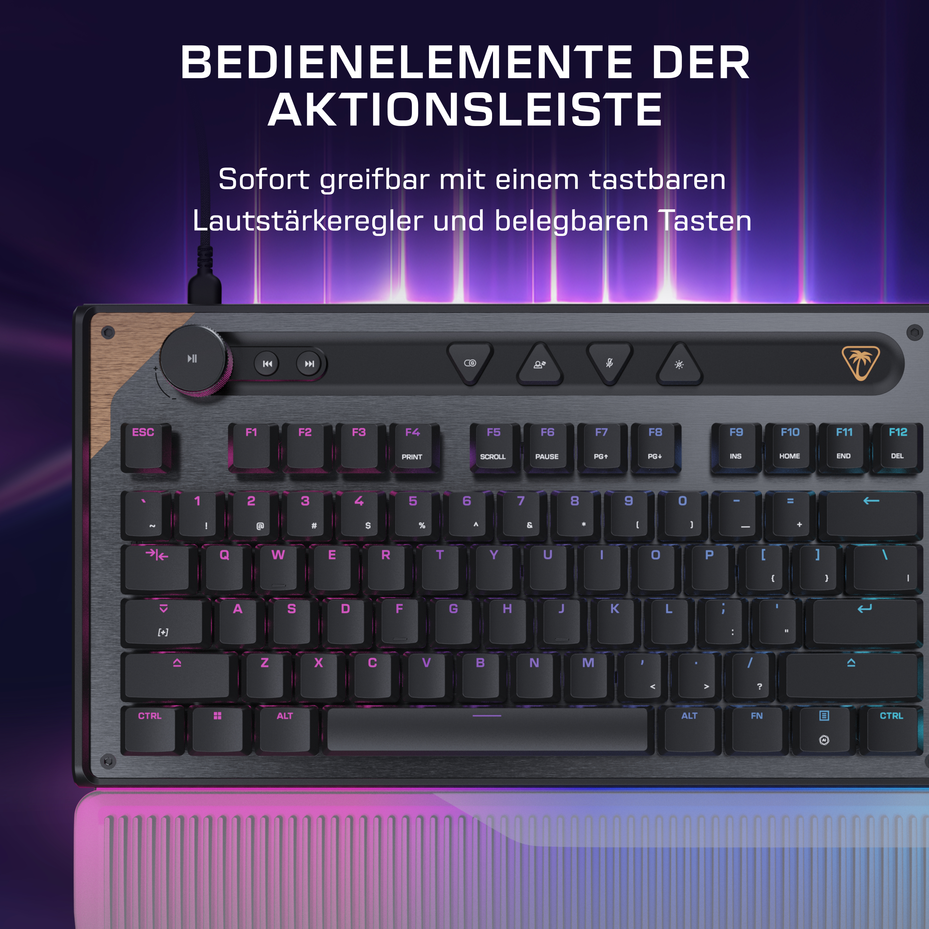 Eine schwarze Tastatur mit Holzakzenten, beleuchteten Tasten und einem Drehregler.