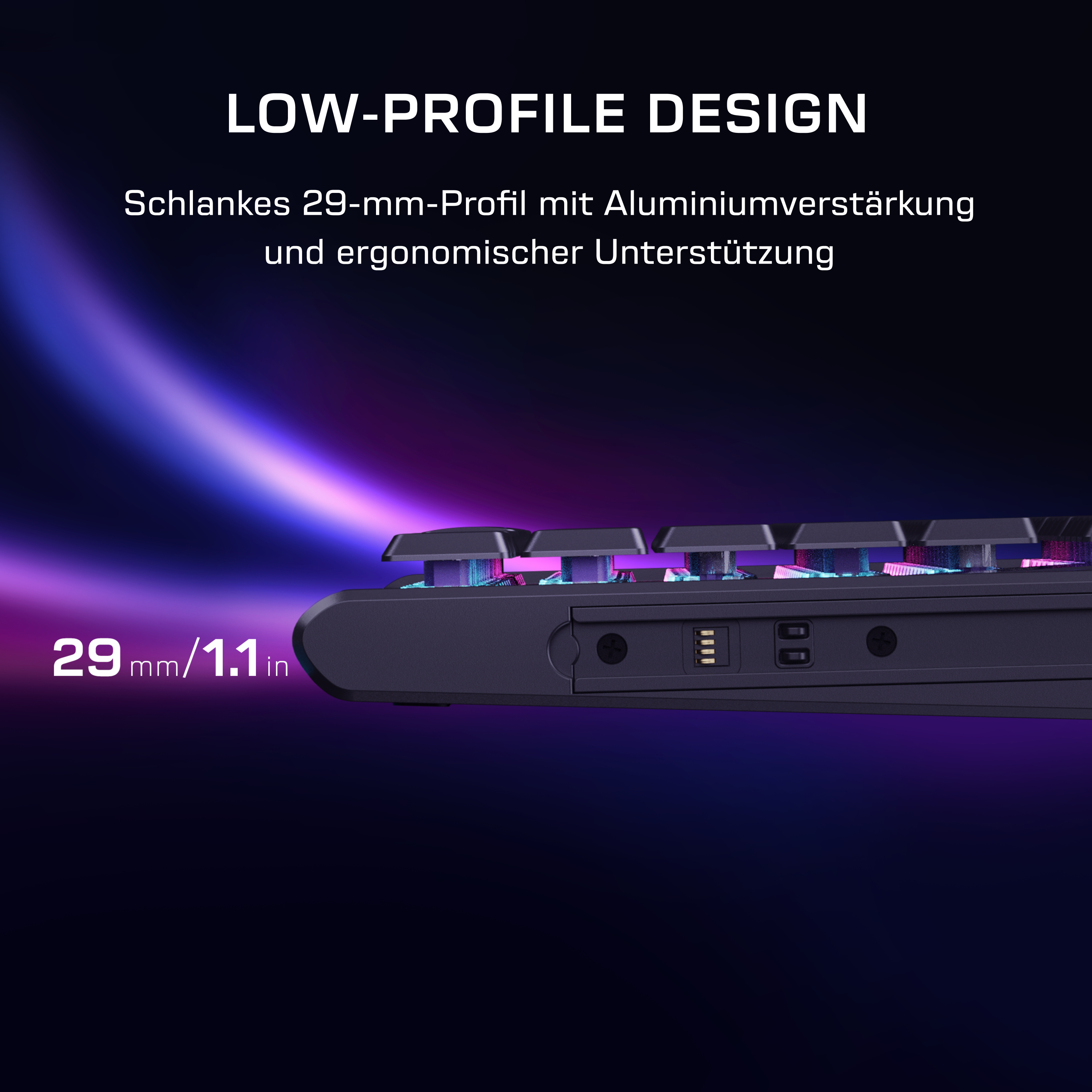 Flache Tastatur mit 29mm Höhe, Aluminiumverstärkung, lila Beleuchtung.