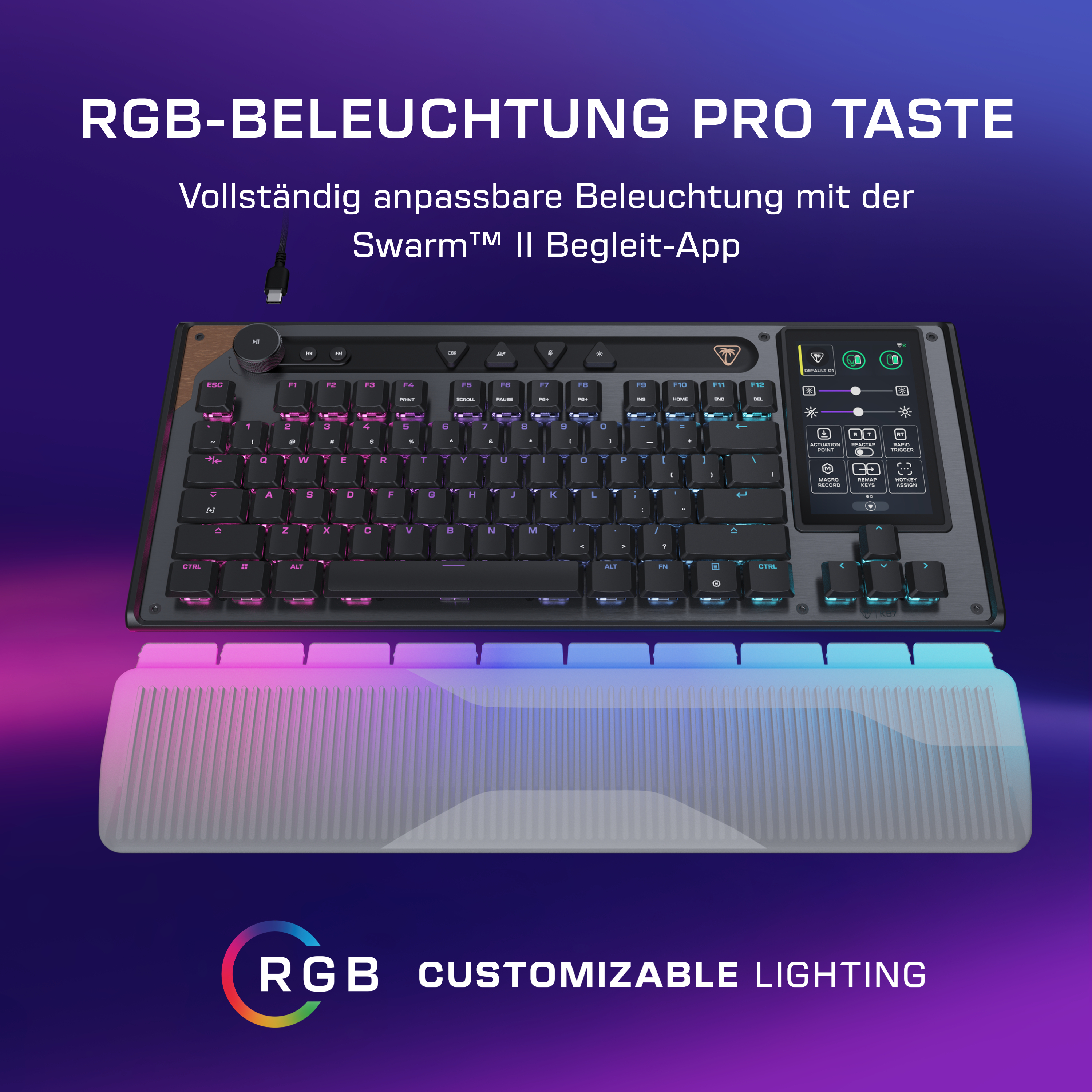 Eine Tastatur mit RGB-Beleuchtung, farbigen Tasten und einem integrierten Display.