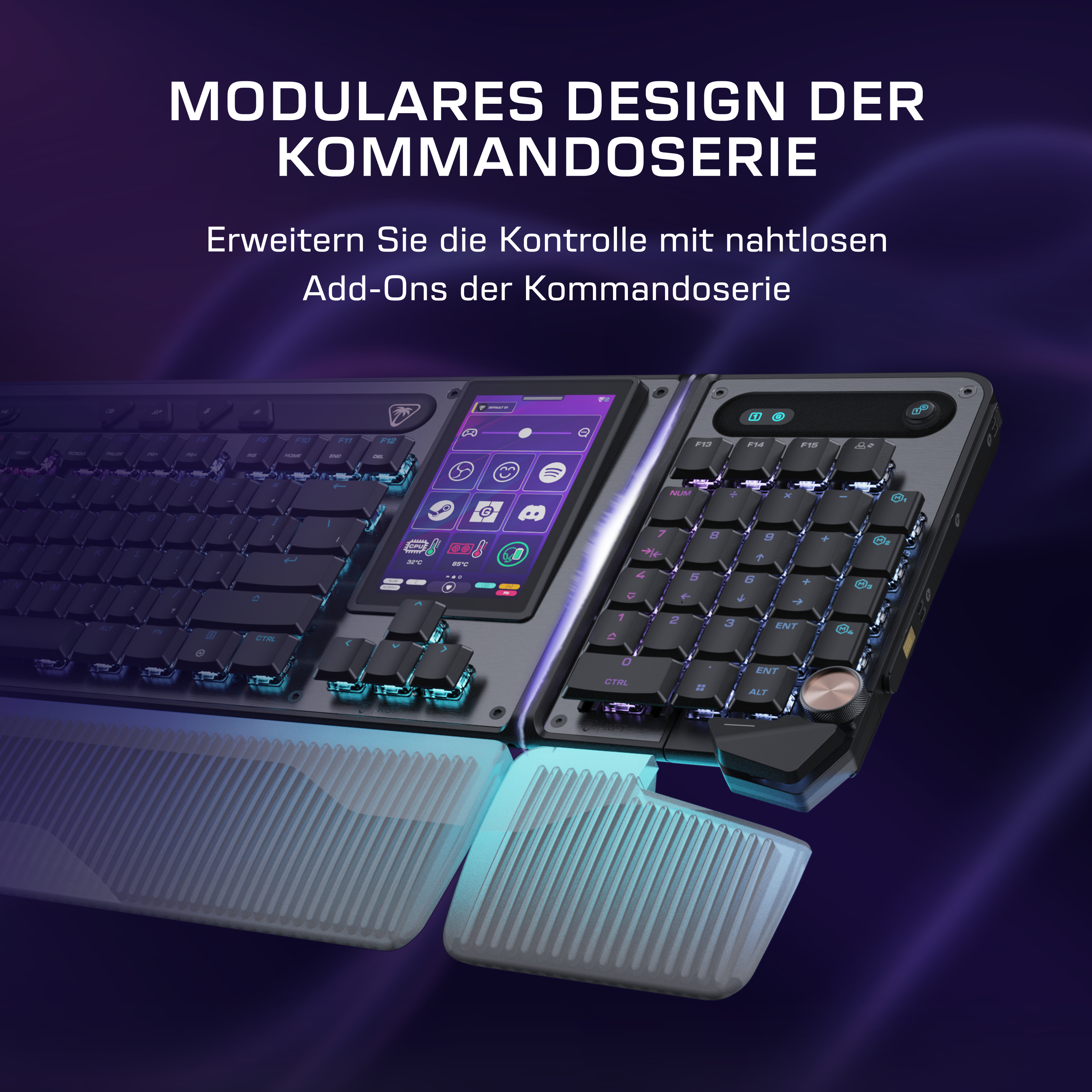 Ein modulares Keyboard mit integriertem Touchscreen und abnehmbaren Handauflagen.