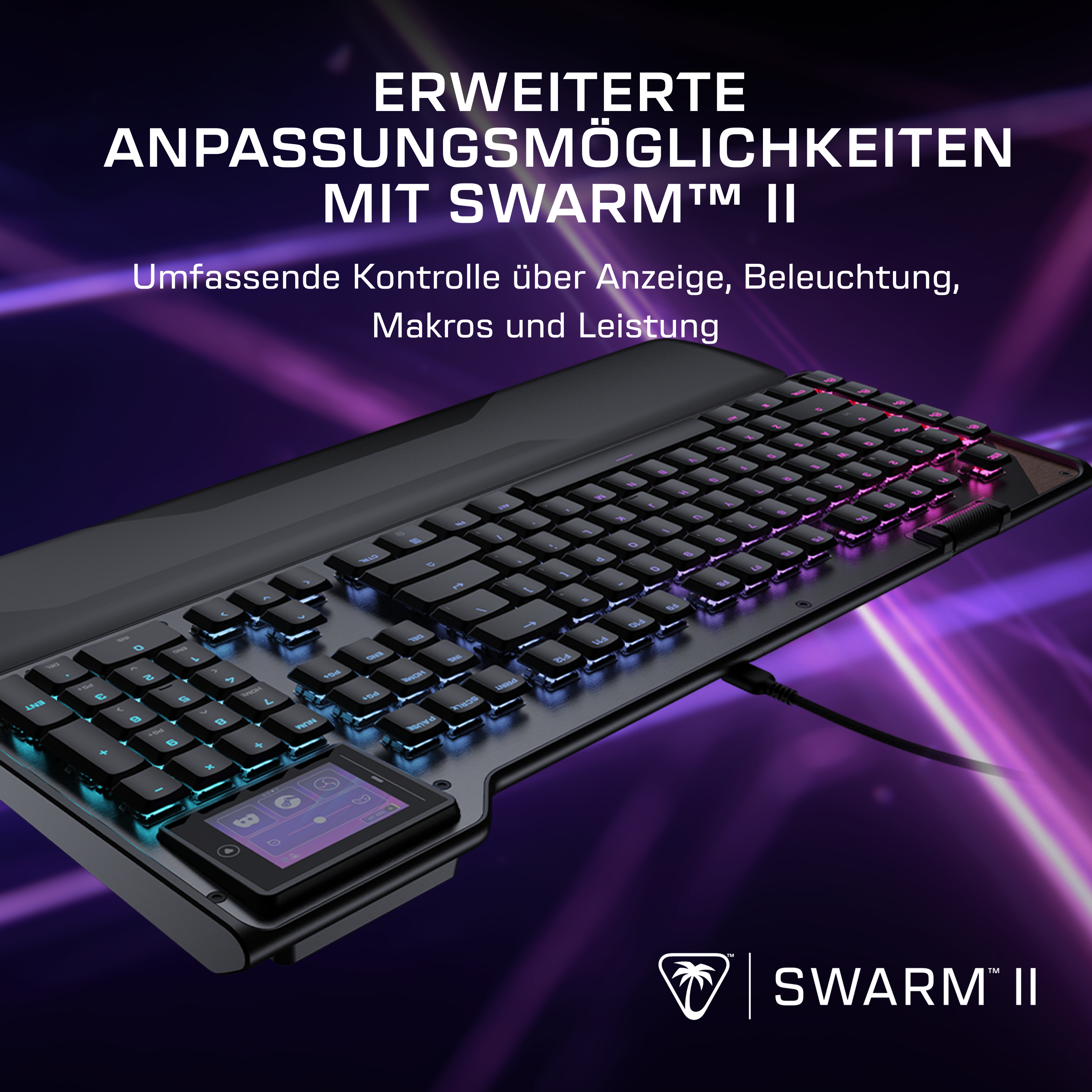 Eine schwarze Tastatur mit RGB-Beleuchtung und einem kleinen Bildschirm.