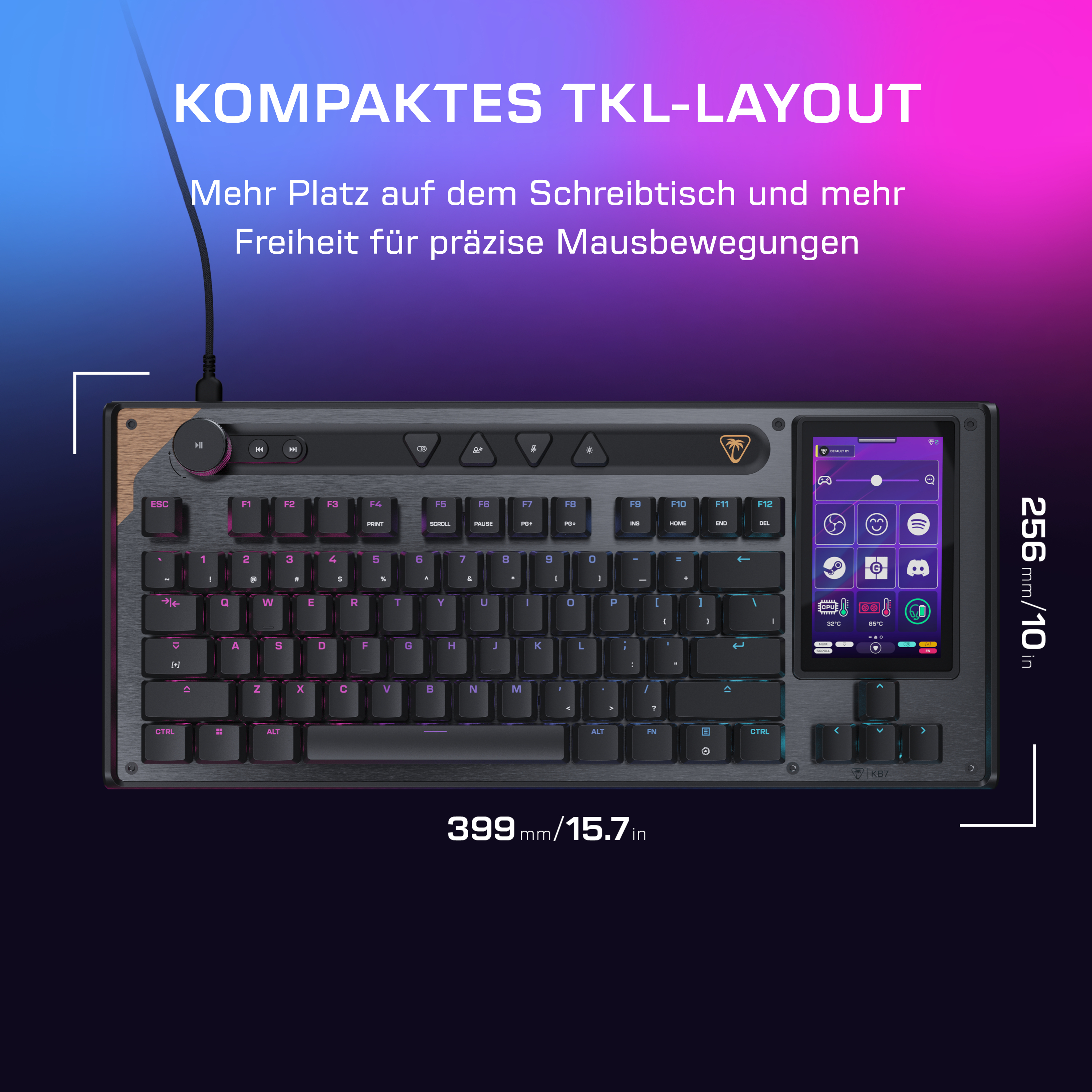Ein kompaktes TKL-Layout Gaming Keyboard mit Holzakzenten und einem Touchscreen.