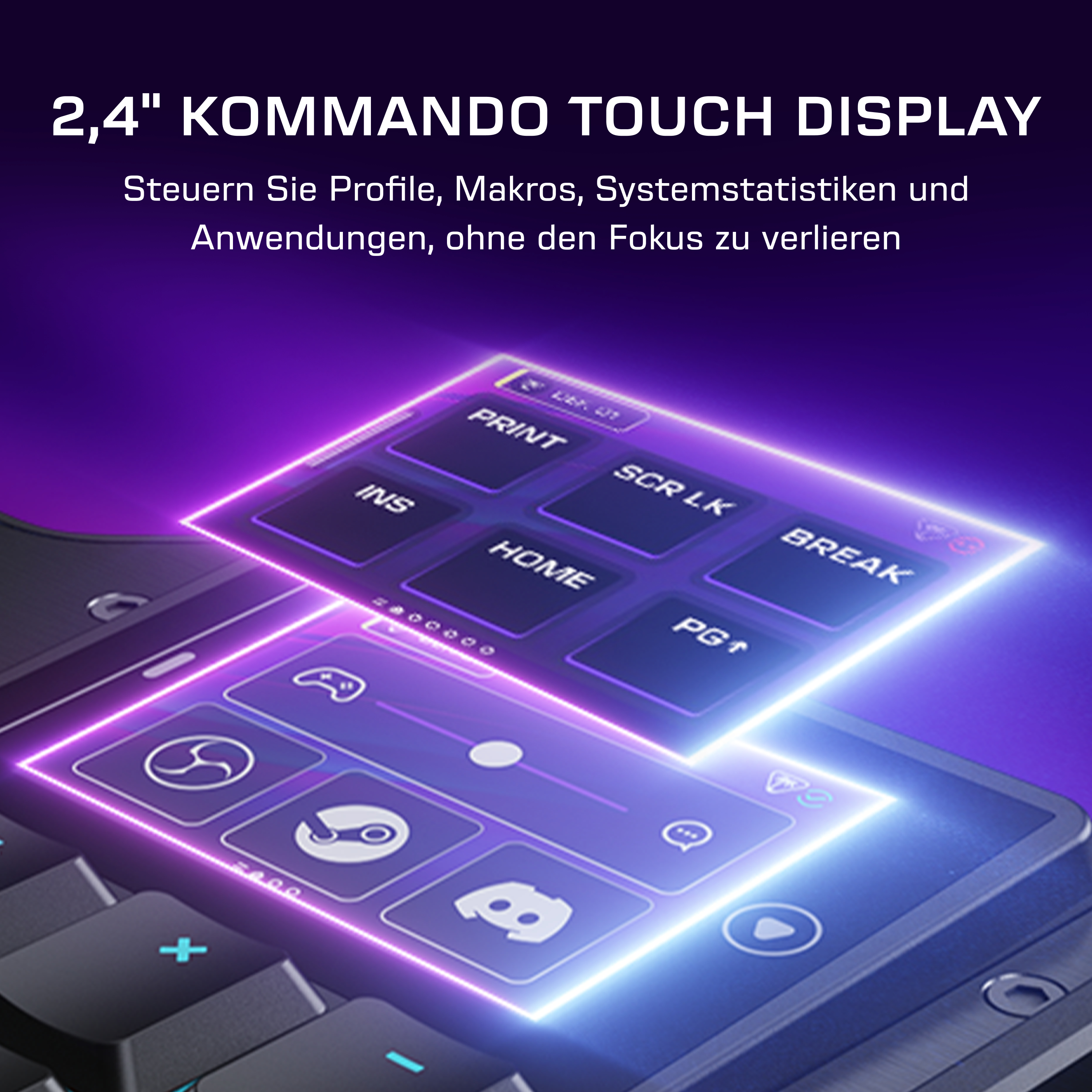 Ein 2,4-Zoll-Touchscreen-Display auf einer Tastatur mit beleuchteten Tasten.