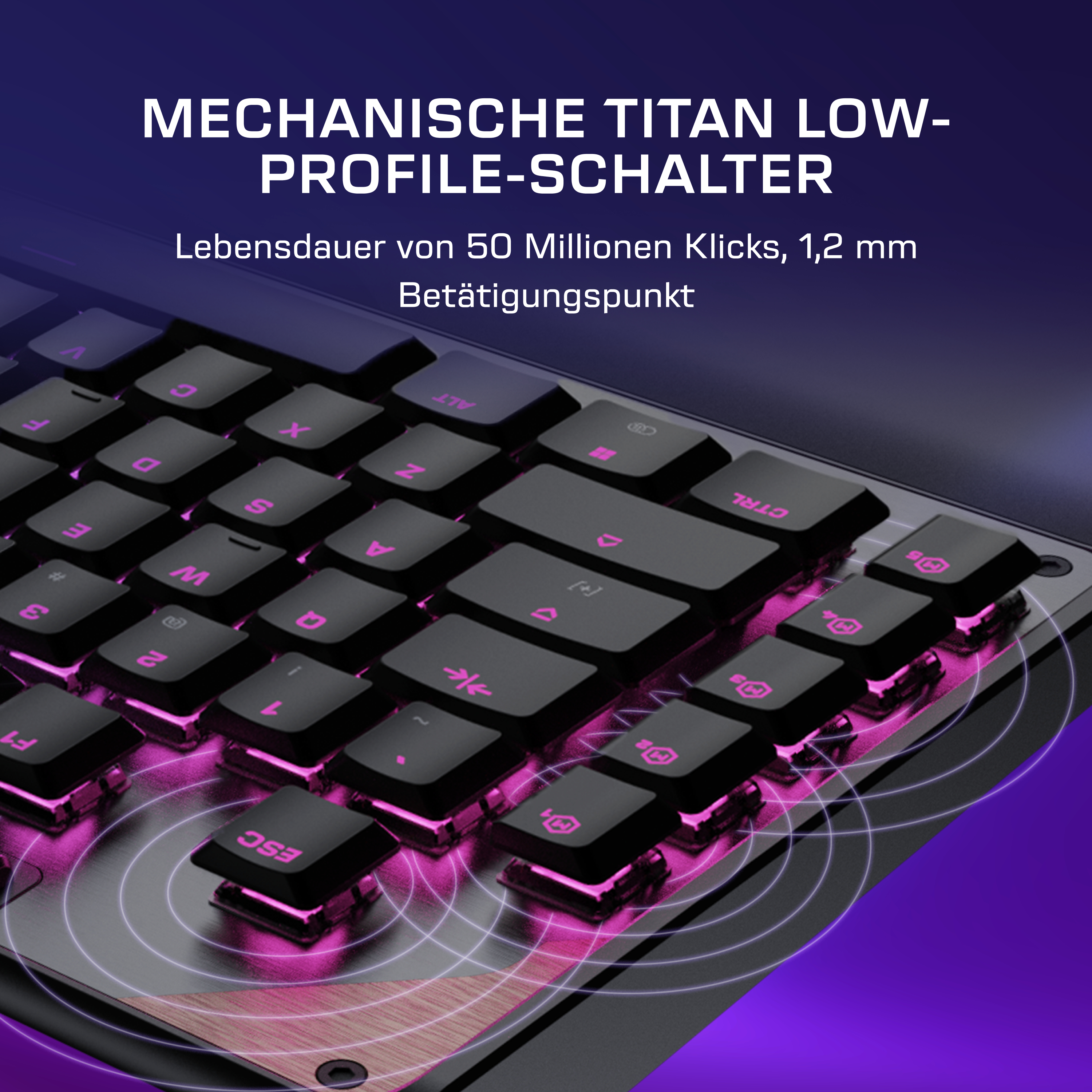 Nahaufnahme einer mechanischen Tastatur mit pinker Beleuchtung. Deutsche Tastenbeschriftung.