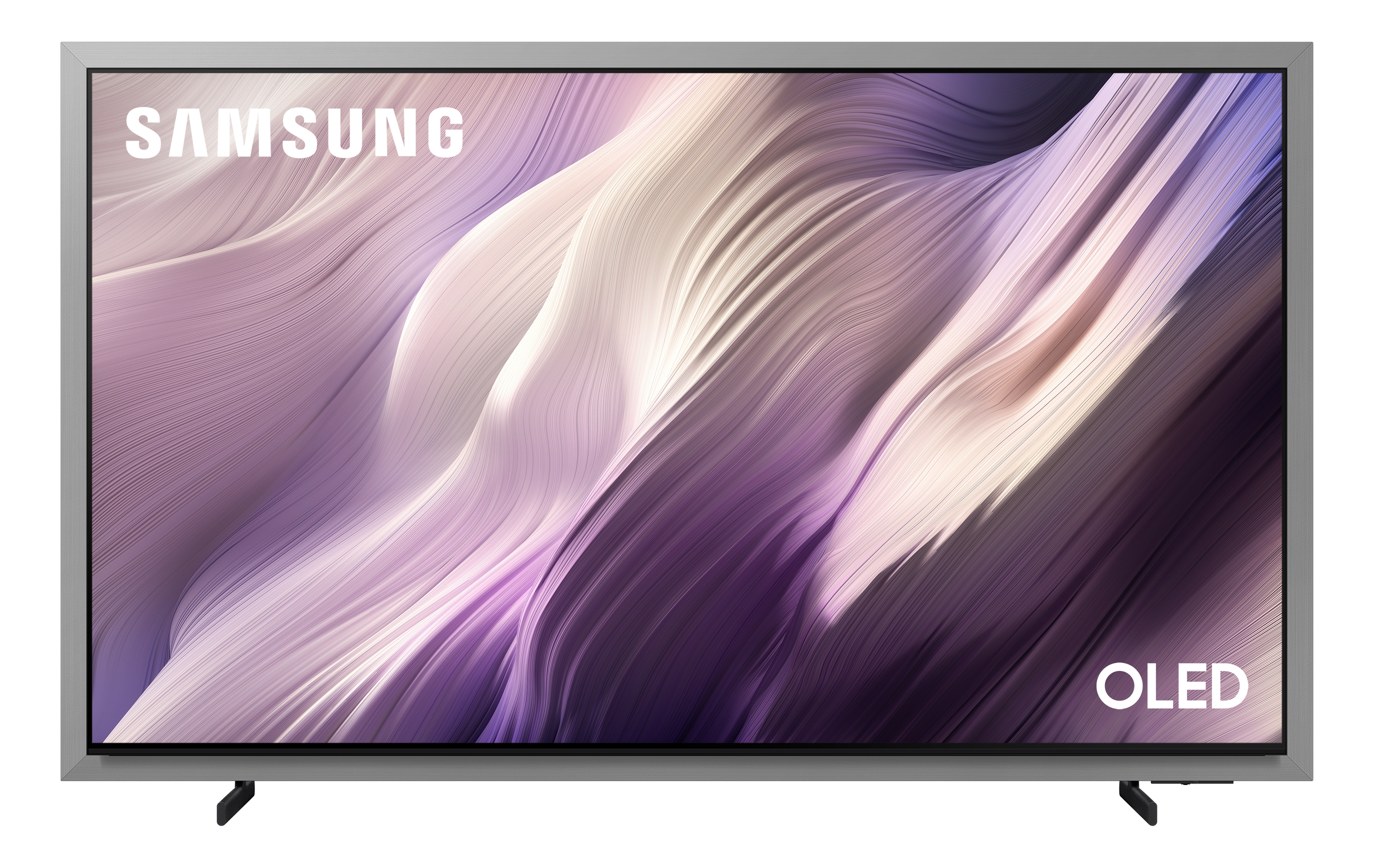 Telewizor Samsung OLED w srebrnej ramie z abstrakcyjnym wzorem ekranu.