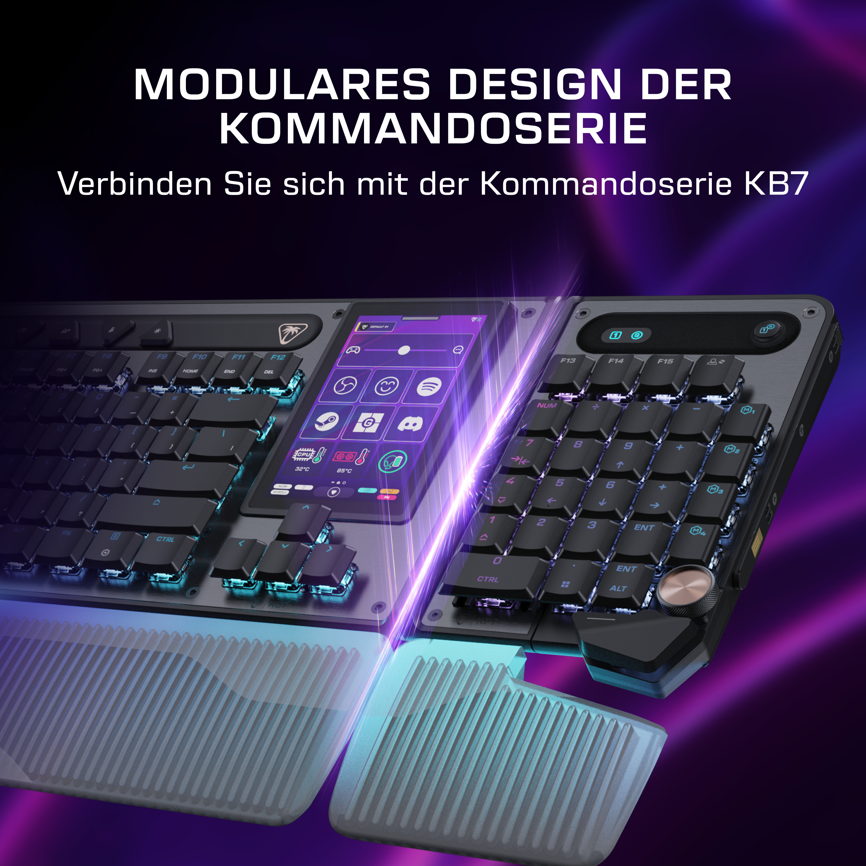 Ein modulares Gaming-Keyboard mit RGB-Beleuchtung und Touchscreen-Display.