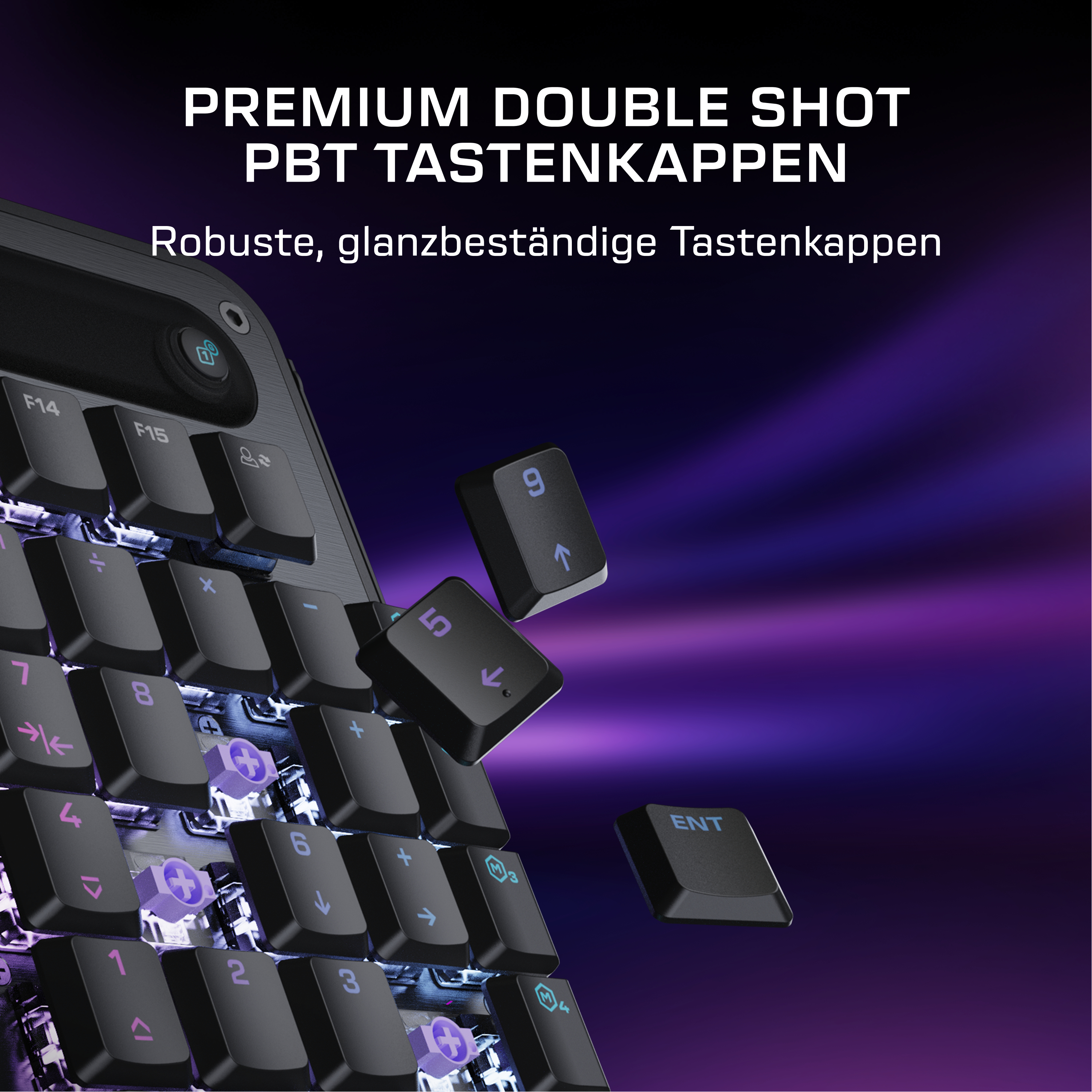 Schwarze Tastenkappen mit blauen Symbolen auf einer Tastatur mit violetter Beleuchtung.