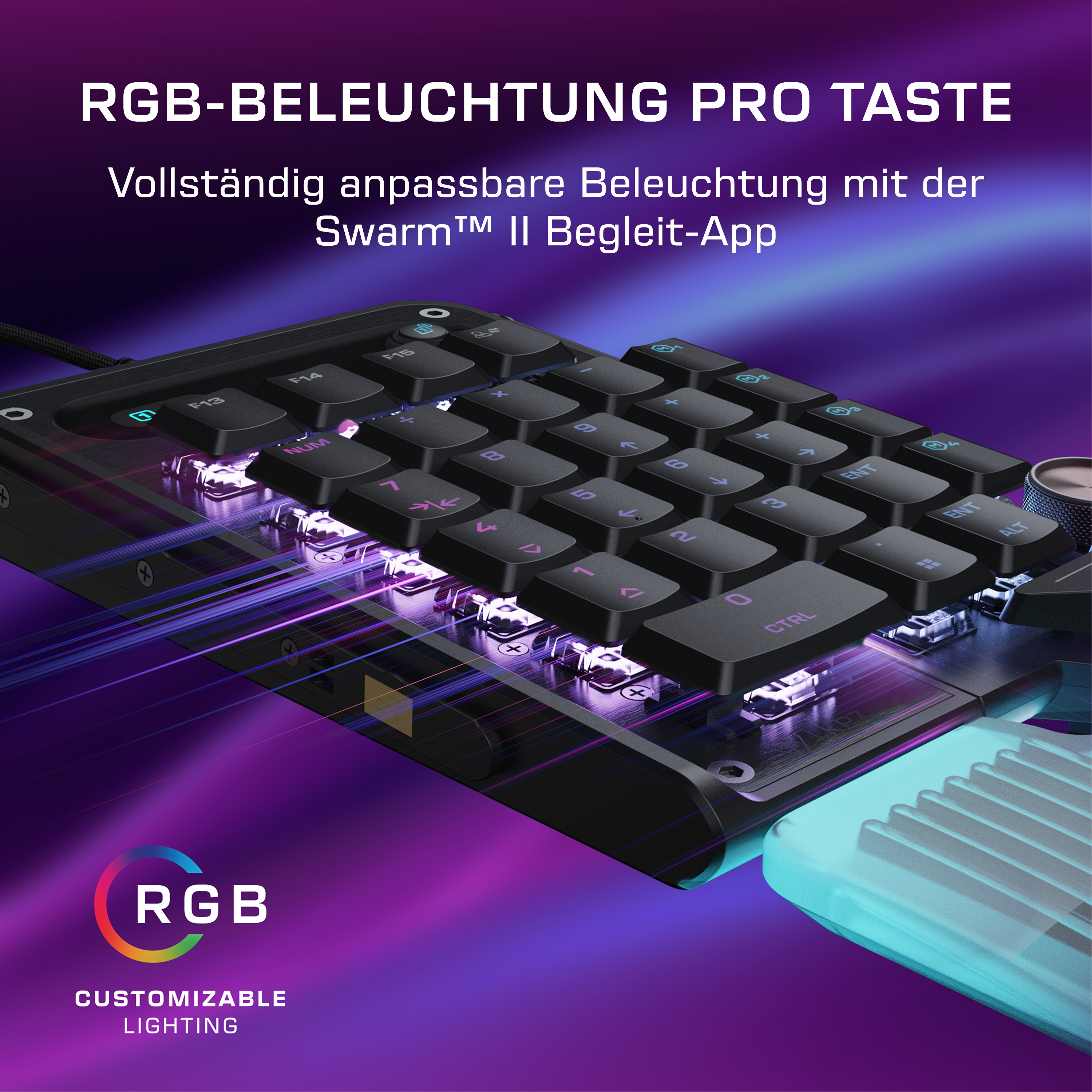 Ein schwarzes Tastatur-Overlay mit RGB-Beleuchtung und lila Lichteffekten.