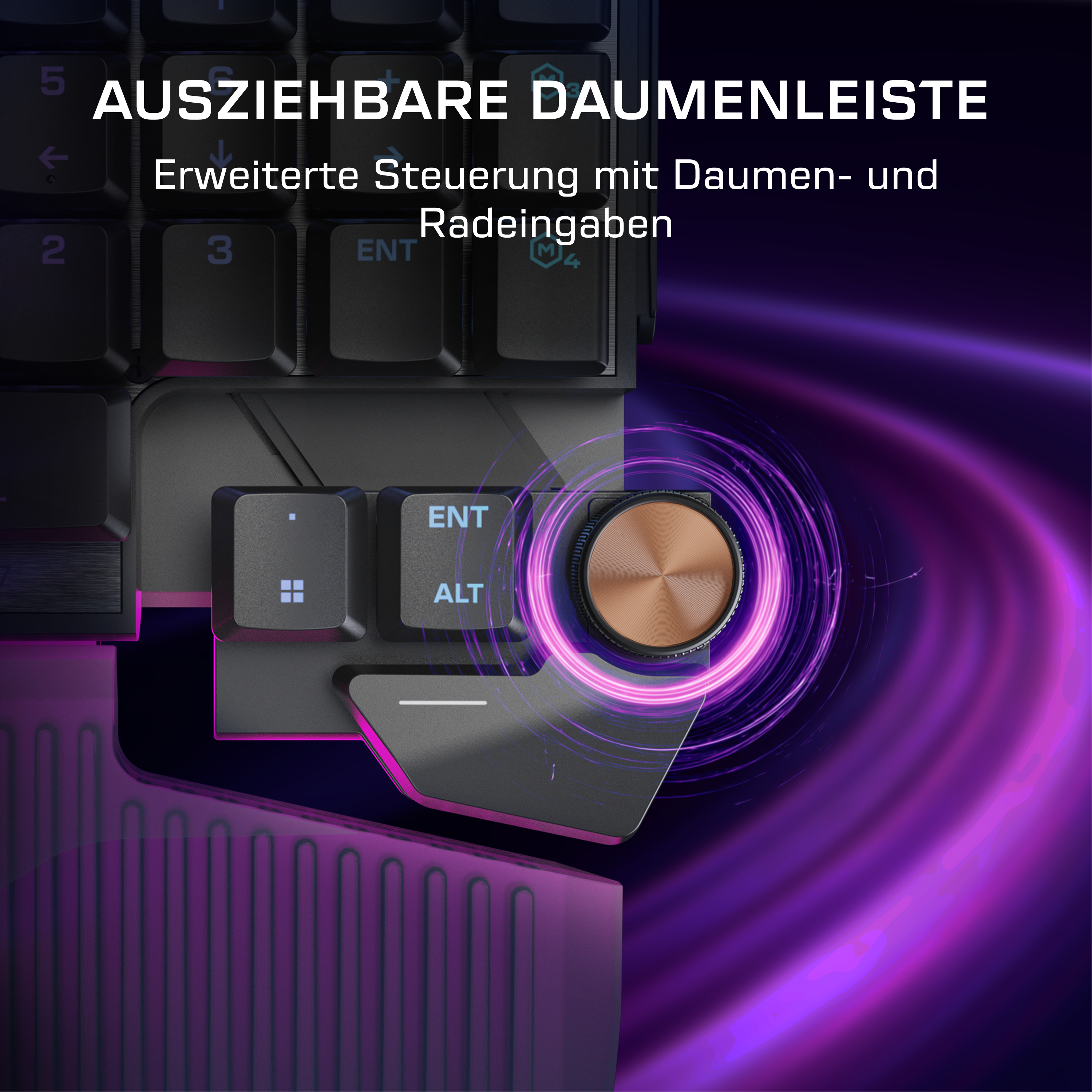 Tastatur mit ausziehbarem Daumenrad und lila Lichteffekten.