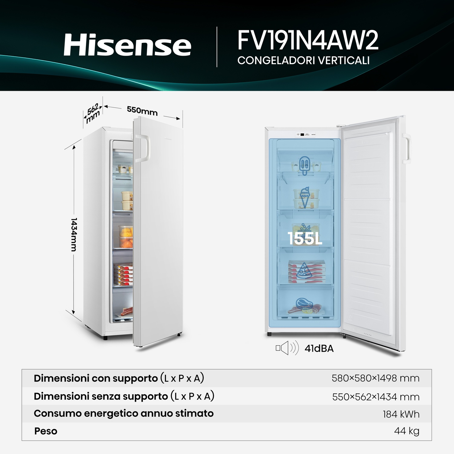 Un congelatore Hisense bianco con porta aperta, mostra dimensioni e specifiche.