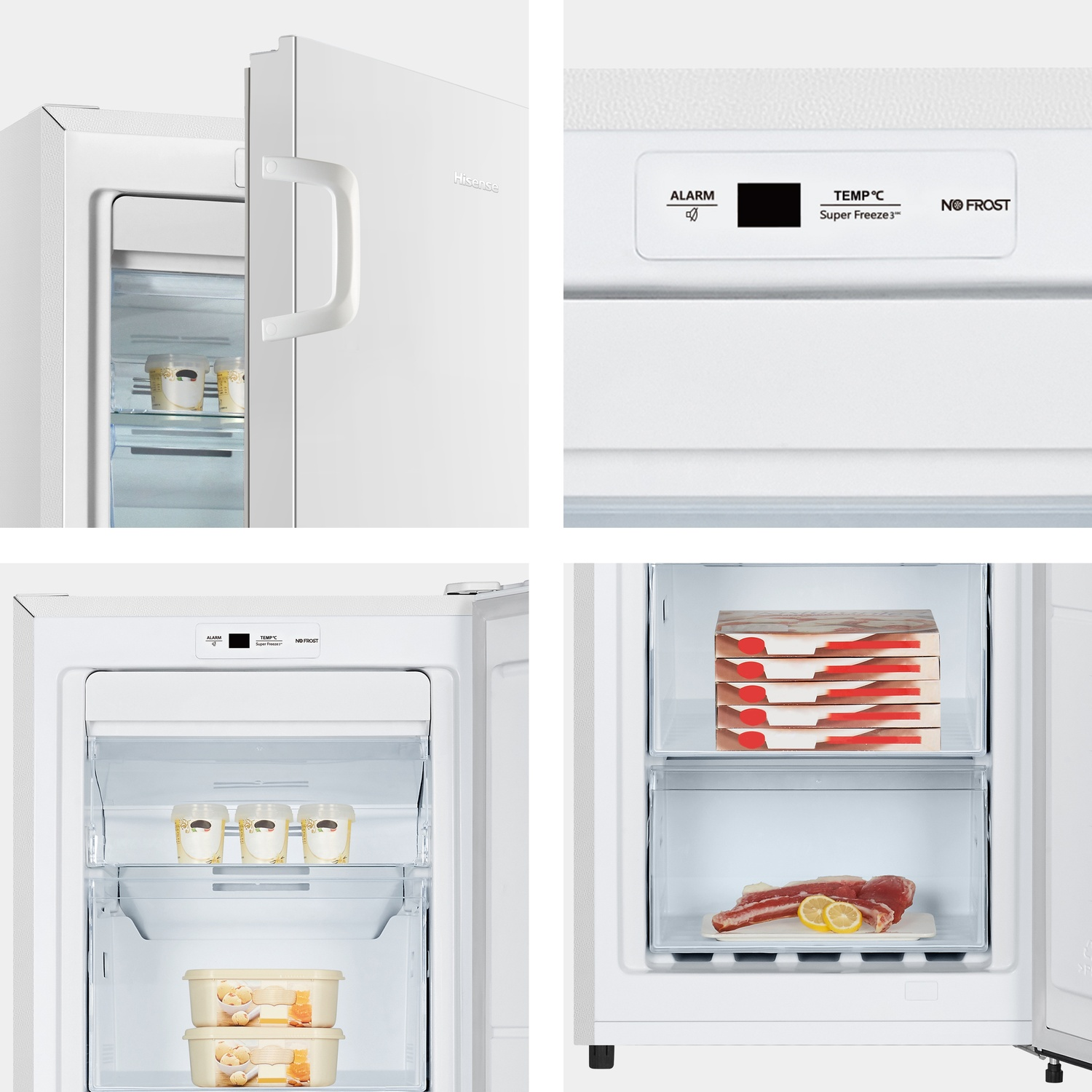 Un congelatore Hisense bianco, parzialmente aperto, rivela vaschette di gelato e contenitori per alimenti all'interno. Il display mostra 