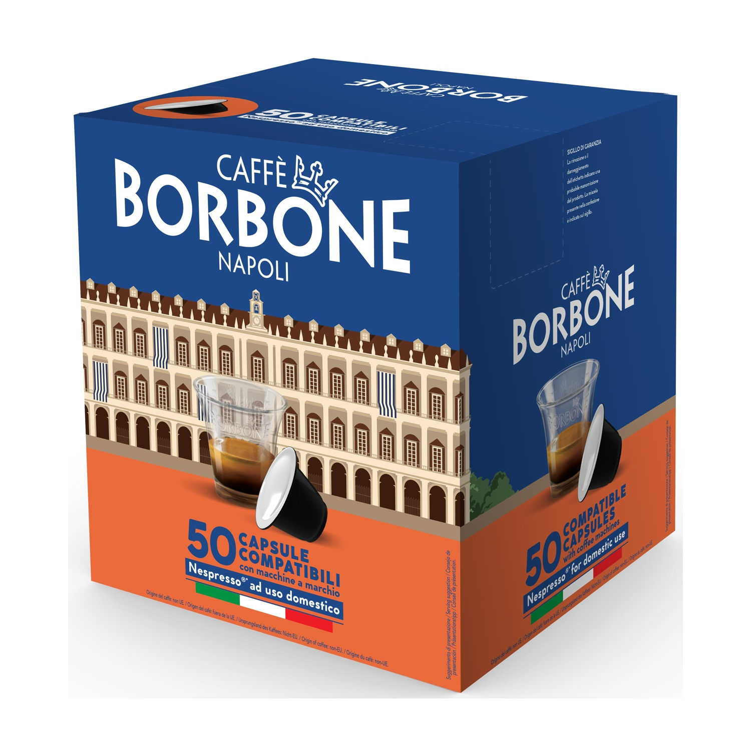 Una scatola blu di capsule di caffè con un edificio e due capsule di caffè.
