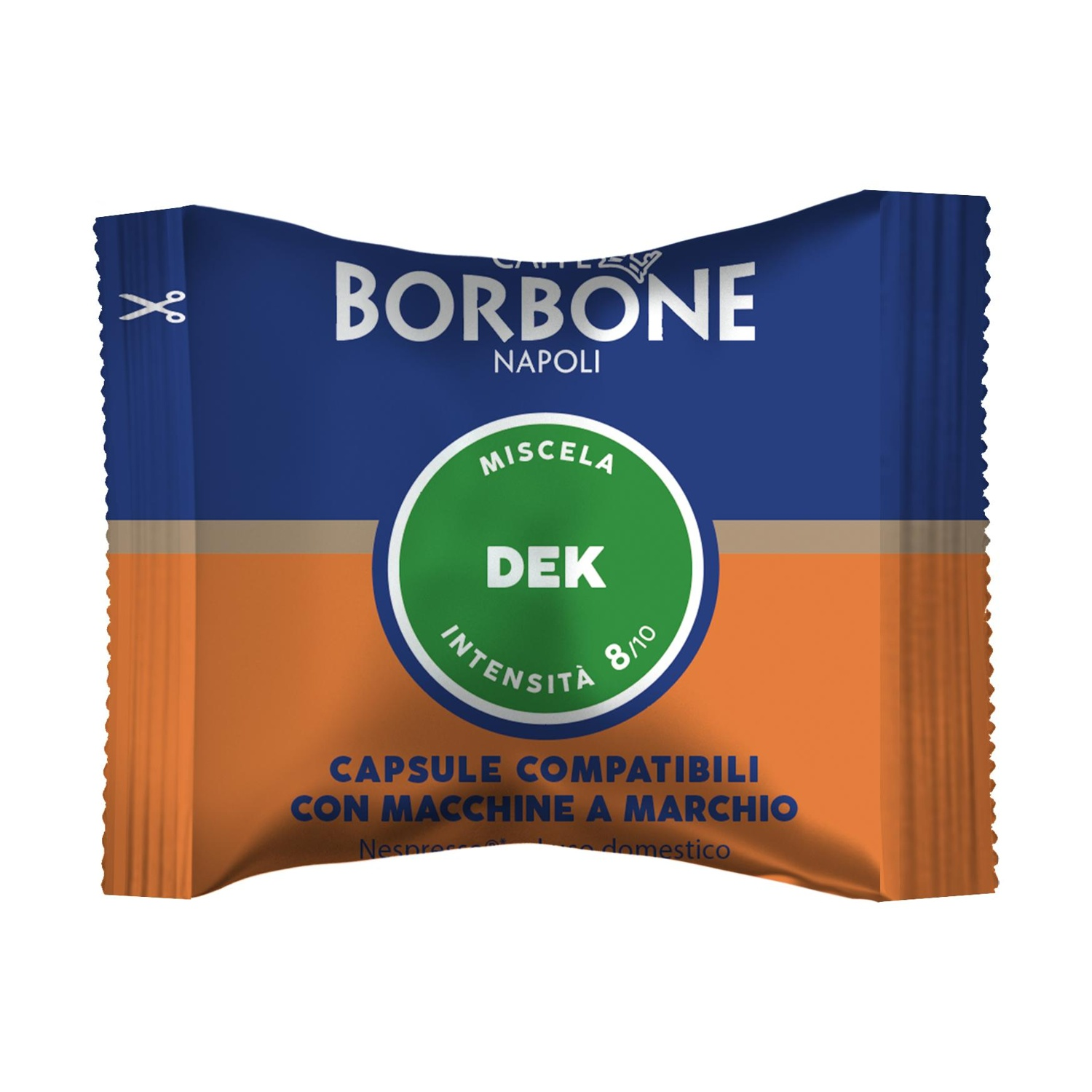 Capsula caffè Borbone Napoli DEK, arancione e blu, intensità 8/10.