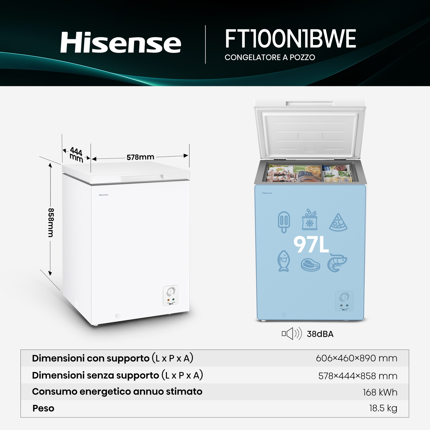 Due congelatori a pozzetto Hisense, uno con dimensioni e l'altro aperto, che mostrano 97L di capacità e icone alimentari.