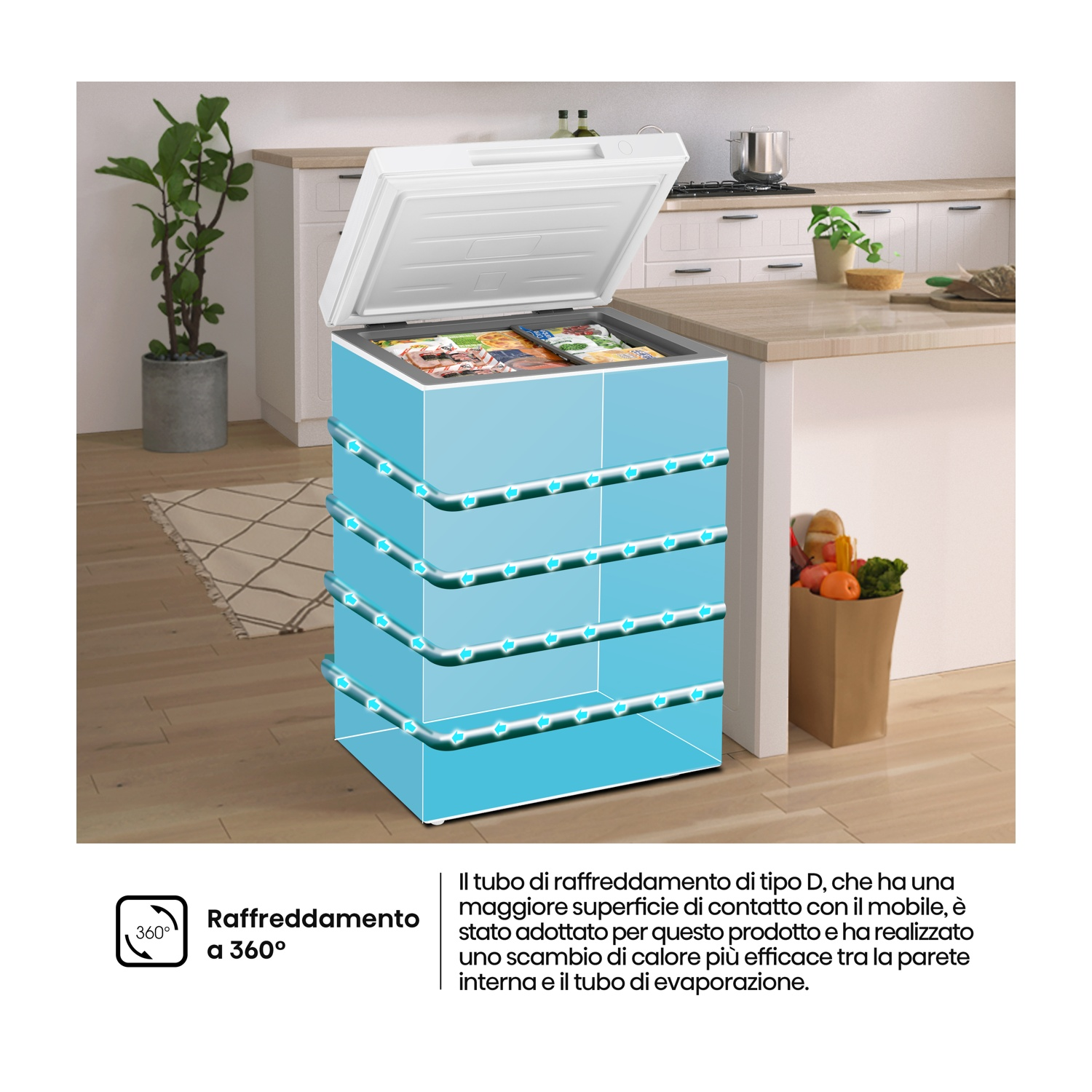 Congelatore con coperchio aperto, tubi blu mostrano il sistema di raffreddamento.
